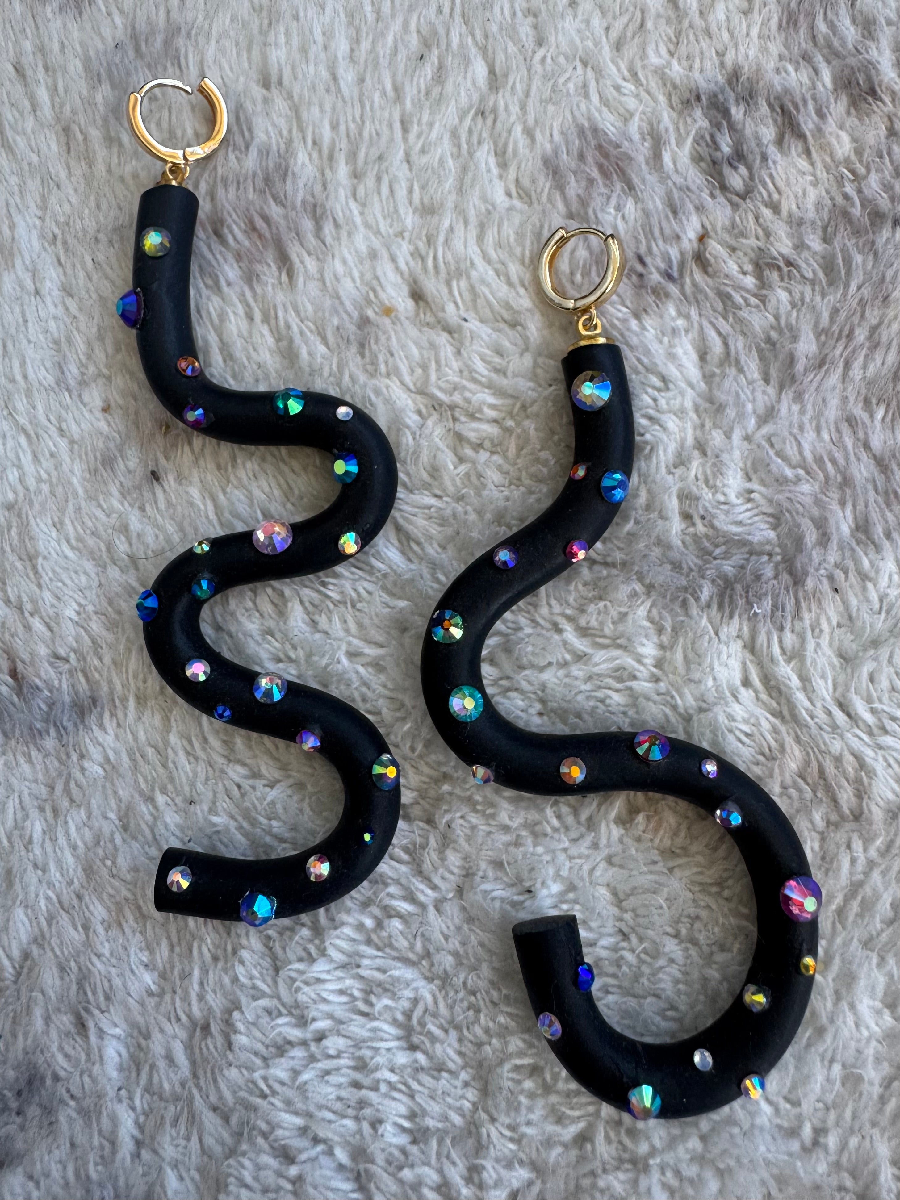 Black squiggle polymer clay earrings with holographic gems