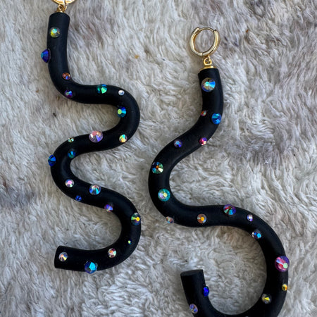 Black squiggle polymer clay earrings with holographic gems