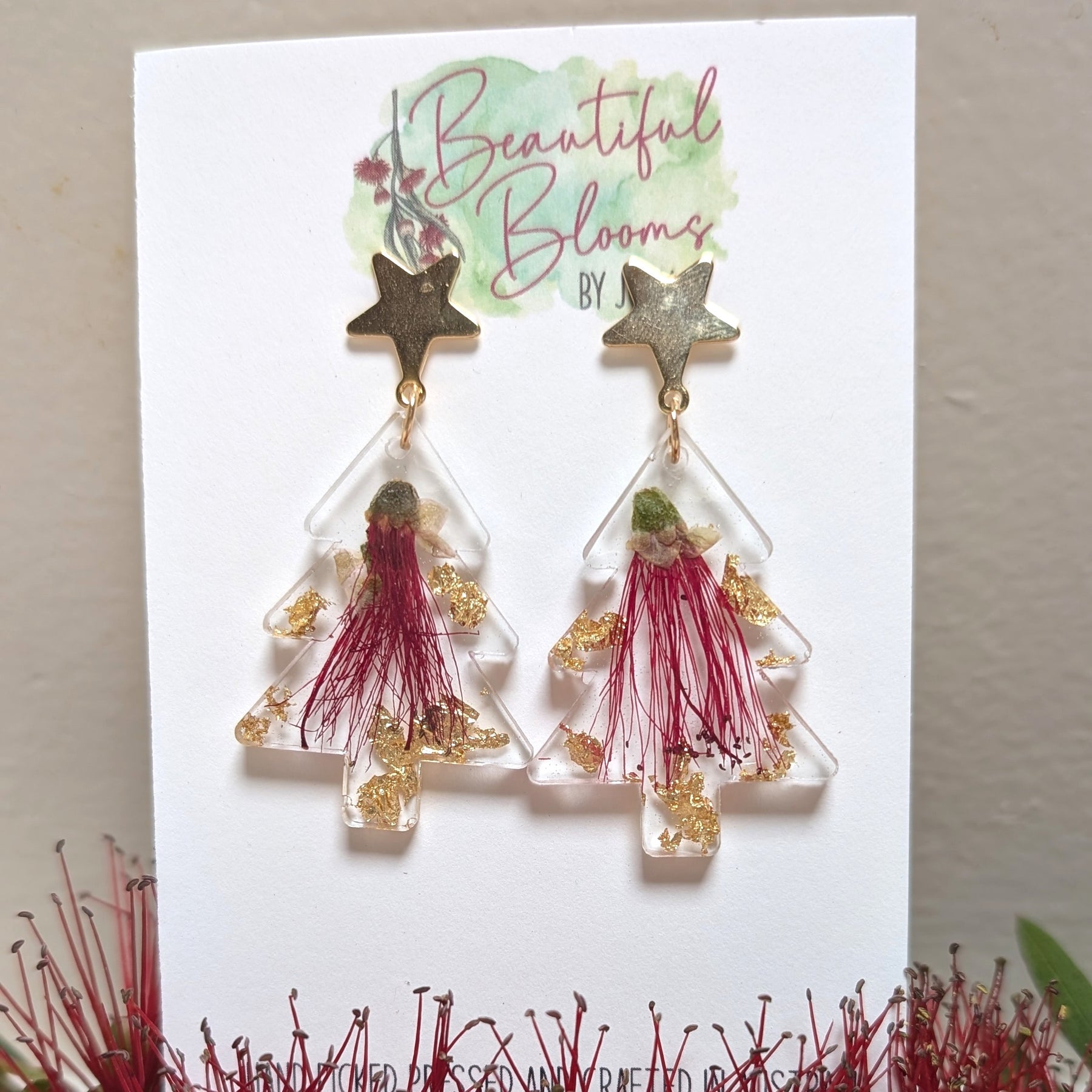 Real Bottle Brush flower Christmas Earrings Star Studs