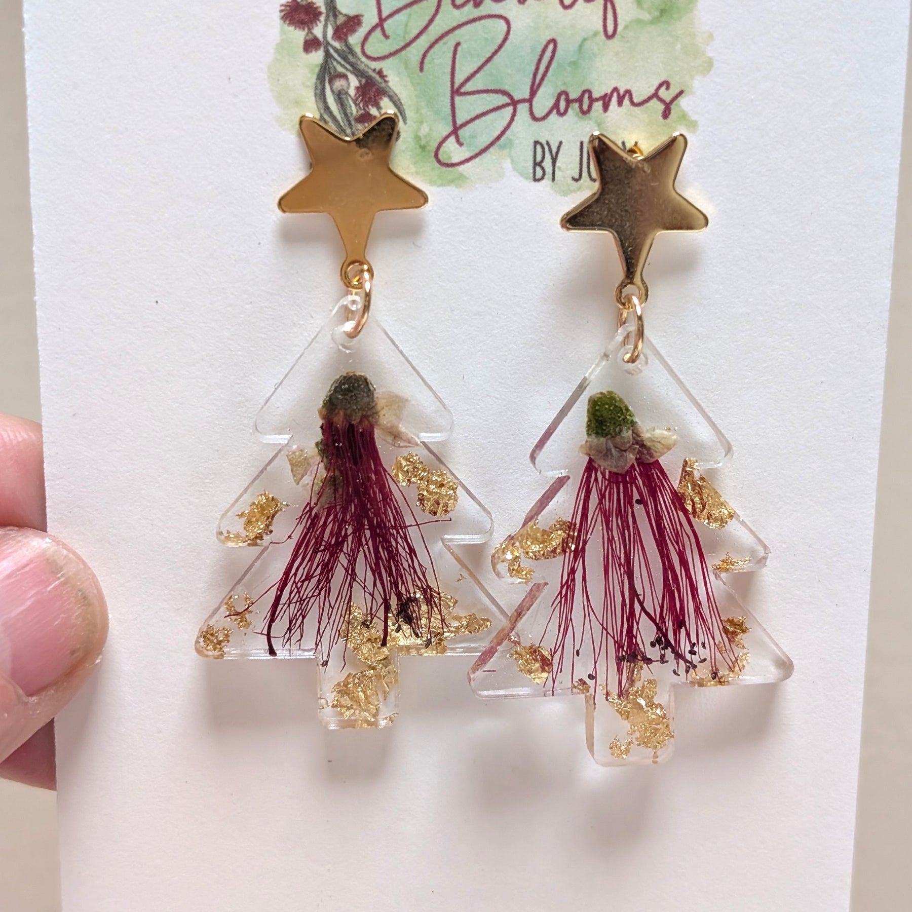 Real Bottle Brush flower Christmas Earrings Star Studs