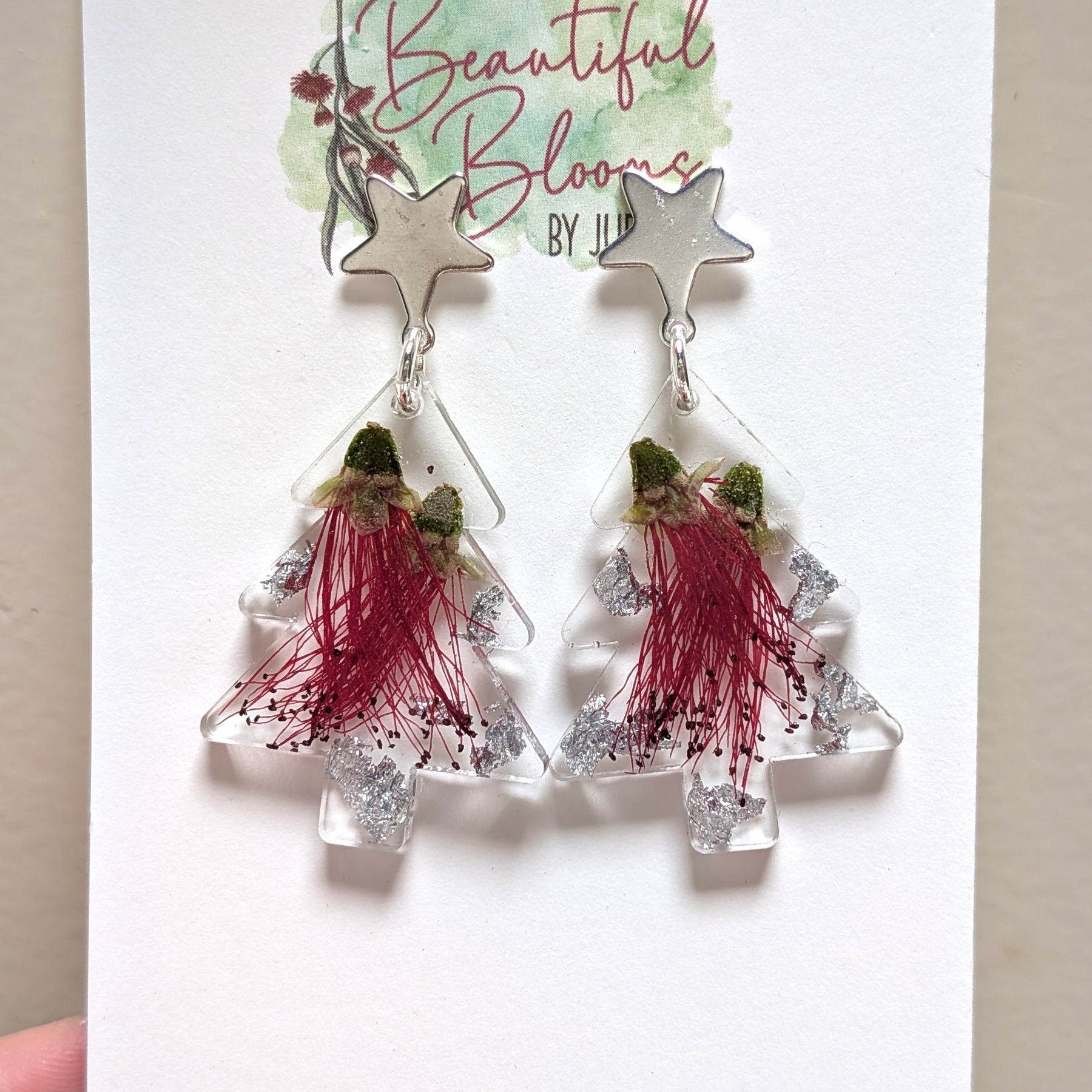 Real Bottle Brush flower Christmas Earrings Star Studs