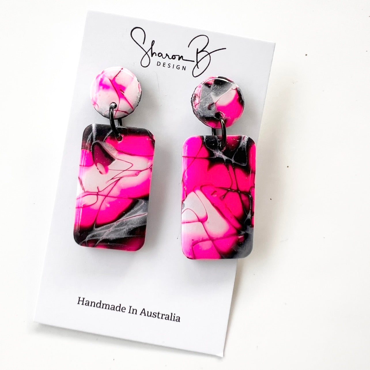 Earrings ~Dangles~Polymer Clay Mokume Gane~Hot Pink~ Resin