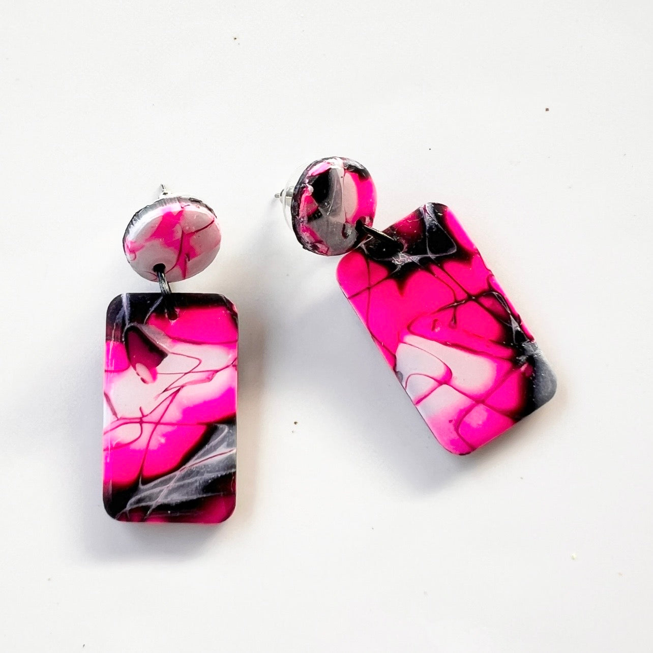 Earrings ~Dangles~Polymer Clay Mokume Gane~Hot Pink~ Resin