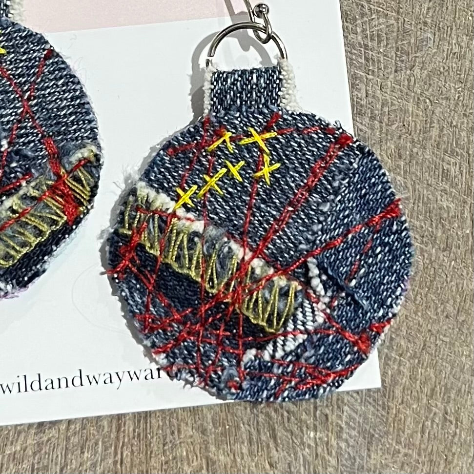 Textile Earrings Blue Red and Yellow