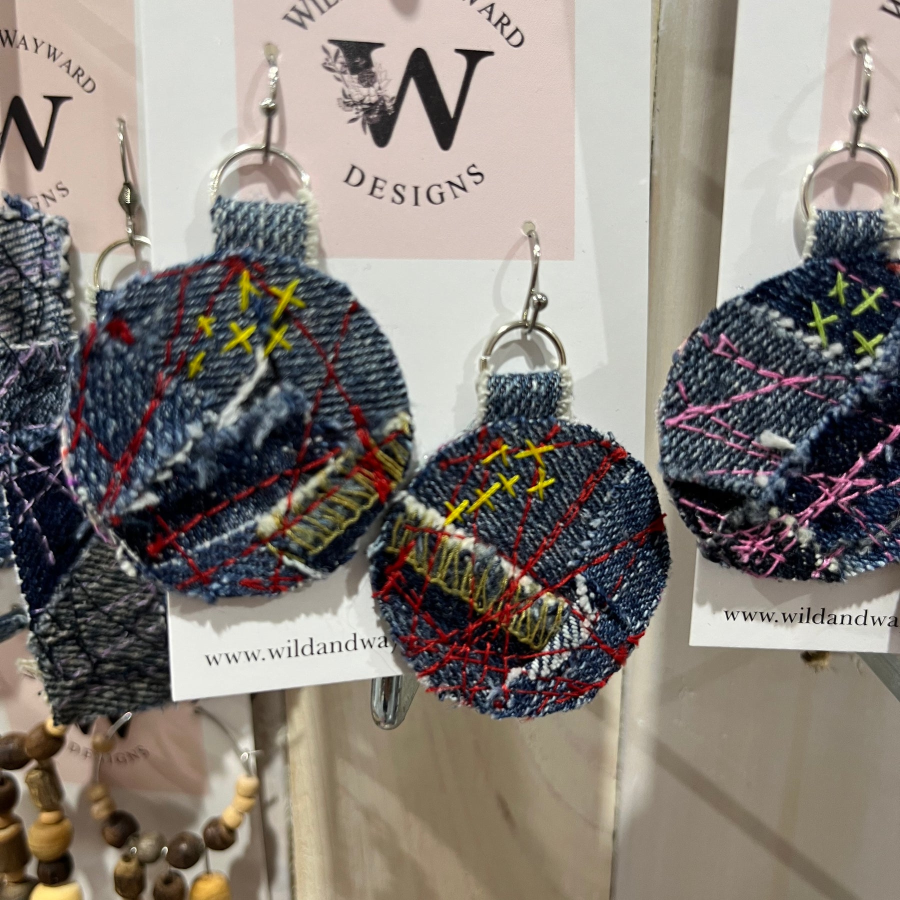 Textile Earrings Blue Red and Yellow