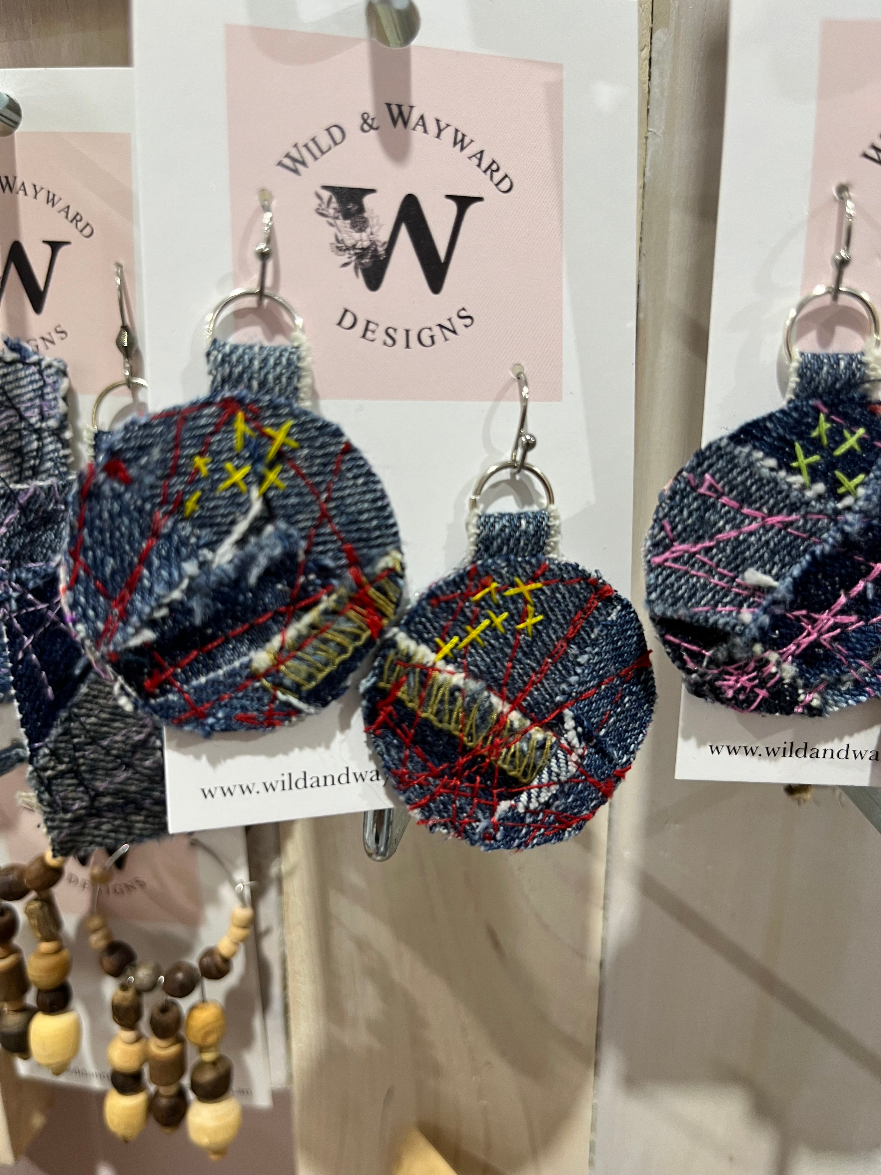 Textile Earrings Blue Red and Yellow