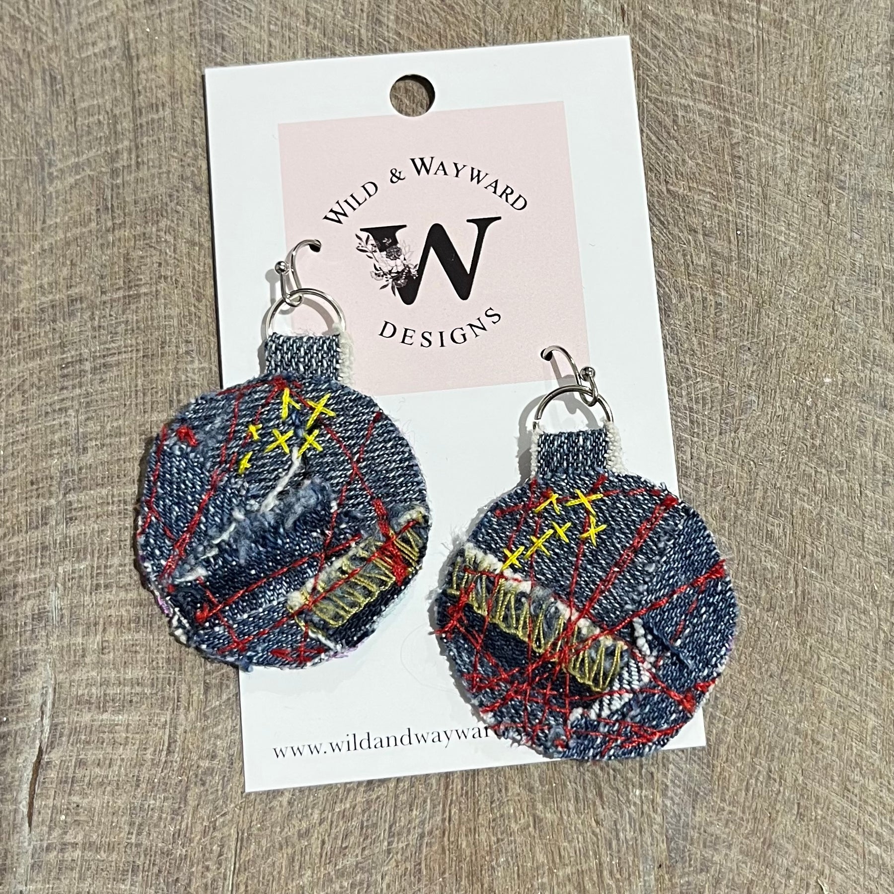 Textile Earrings Blue Red and Yellow