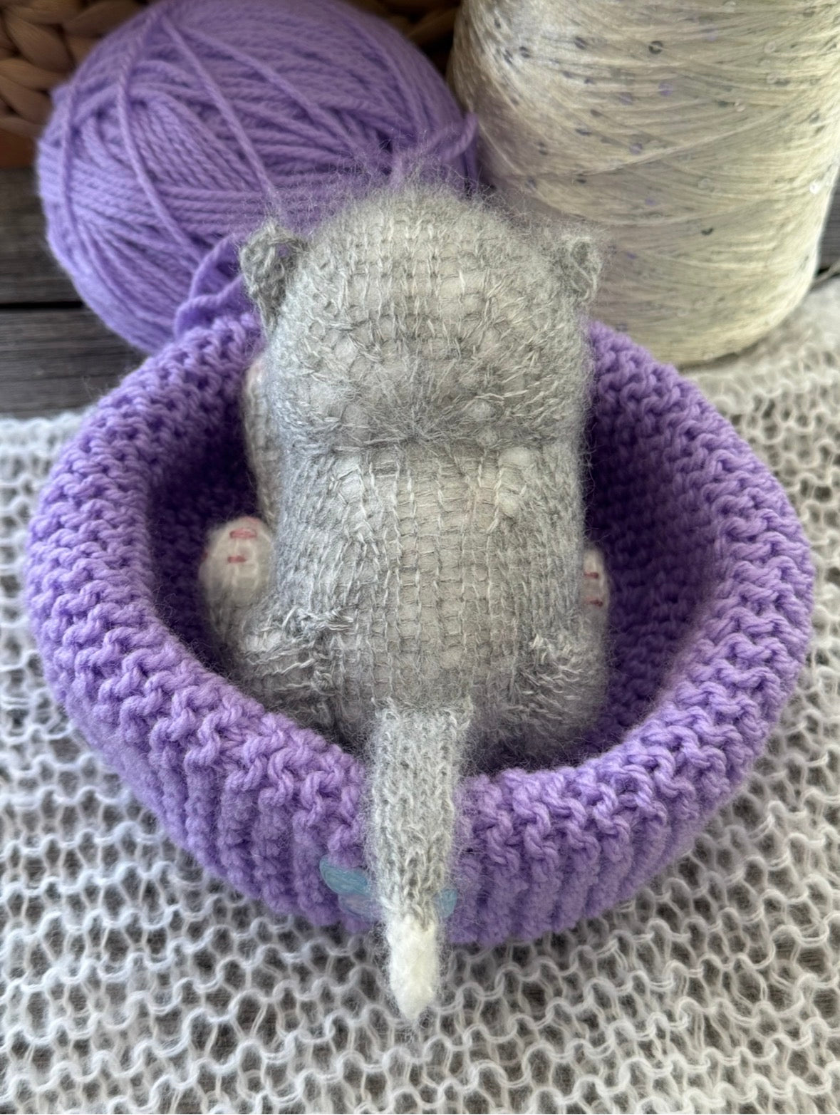 Handmade Grey Sleeping Kitten in a Lavender Bed