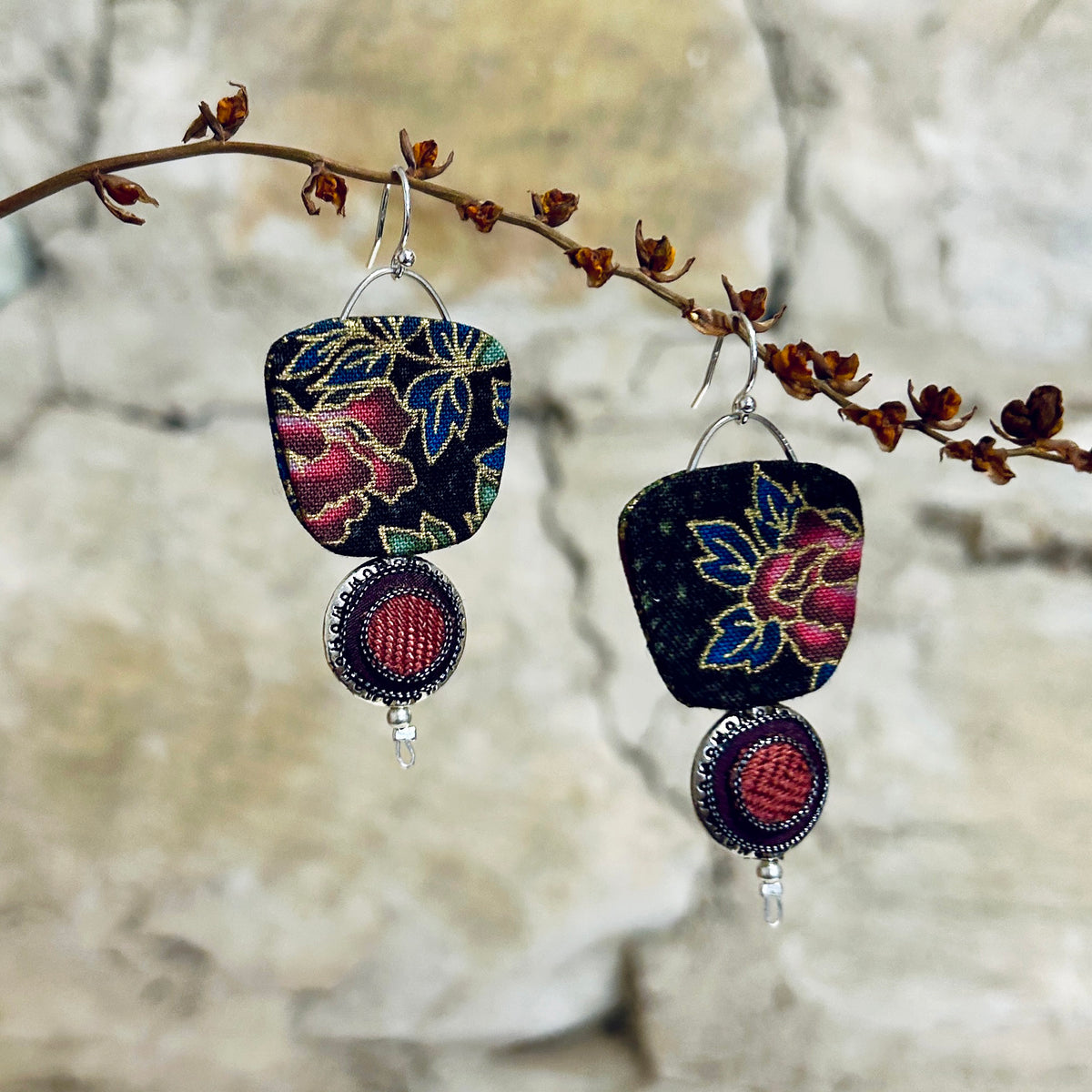Earrings Pink Plum Blue Black Floral Reversible - EC-638