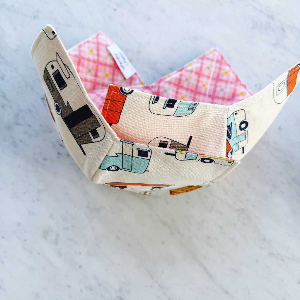 Set of two, caravans microwave bowl cosies. Soup and porridge hot bowl holders.