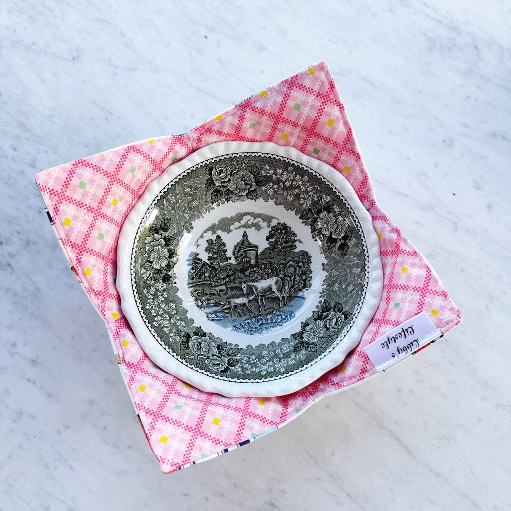 Set of two, caravans microwave bowl cosies. Soup and porridge hot bowl holders.