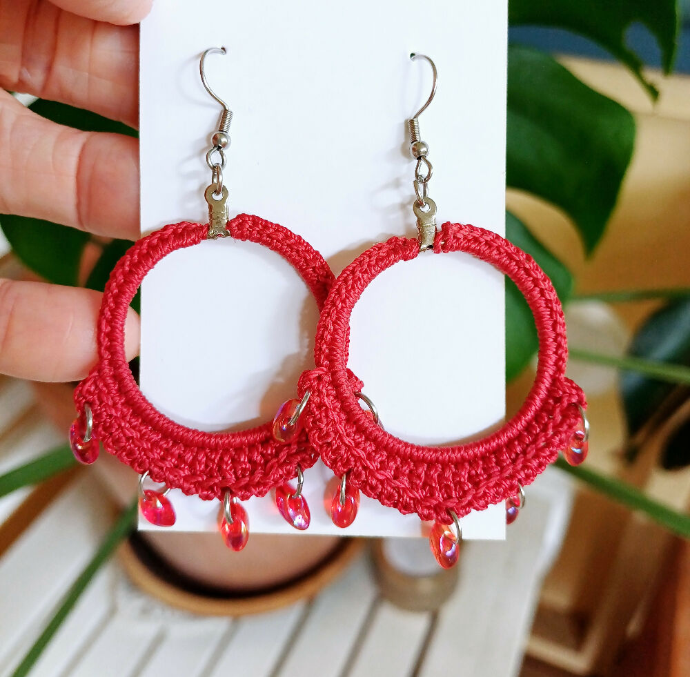 Beaded Hoop Earrings in Red