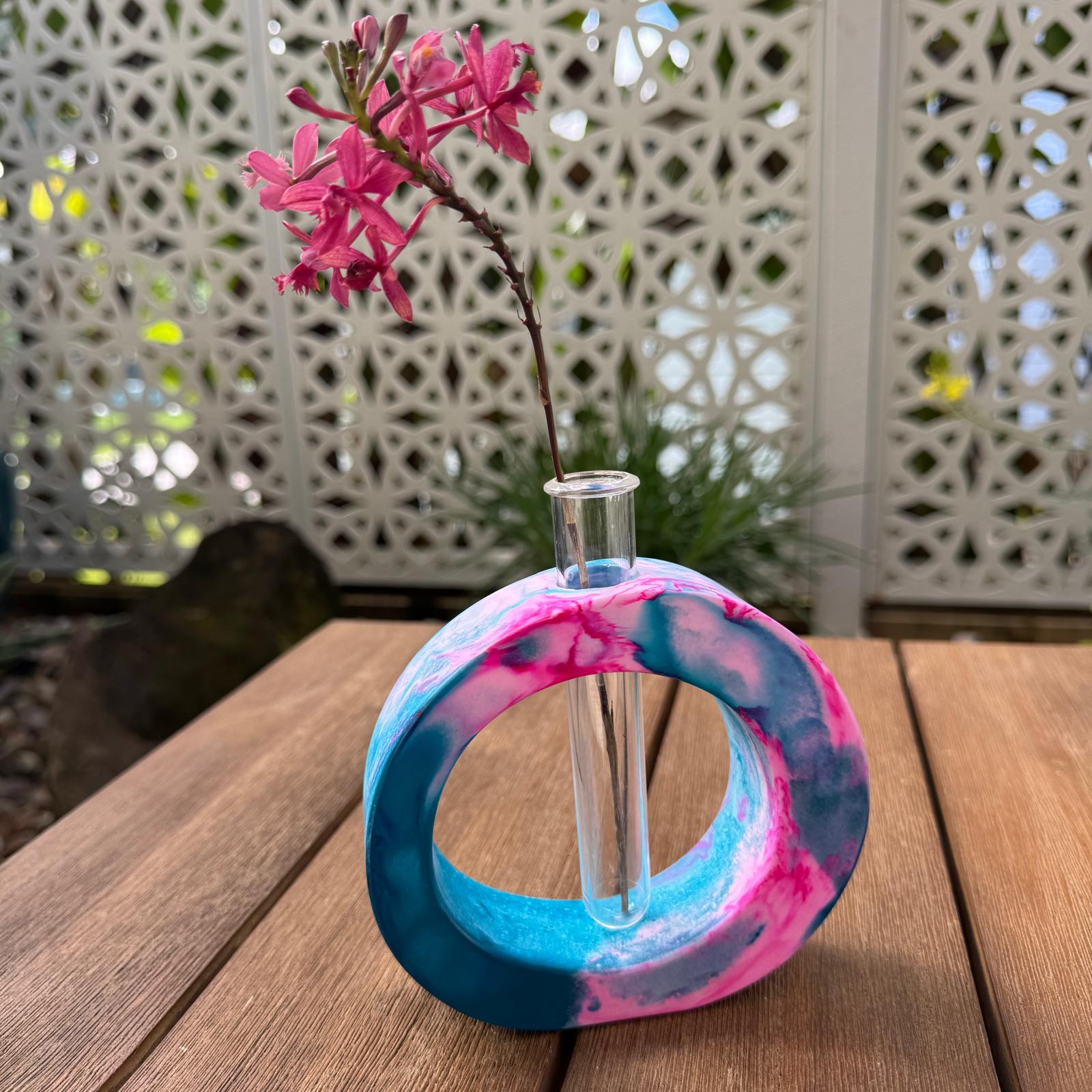 Turquoise and pink concrete test tube single stem vase