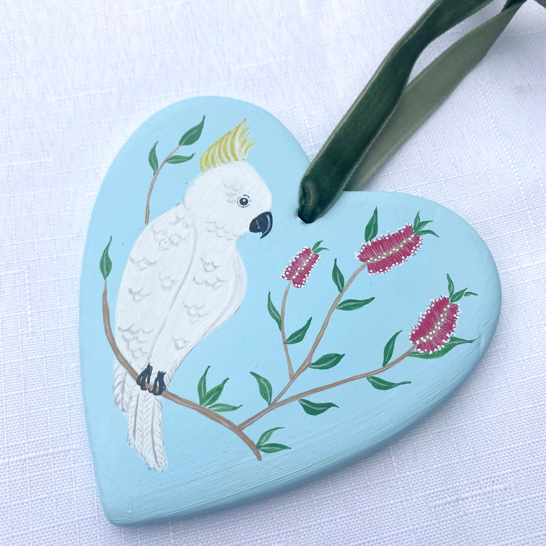 Hand-Painted Ceramic Heart Decoration - Cockatoo Blue