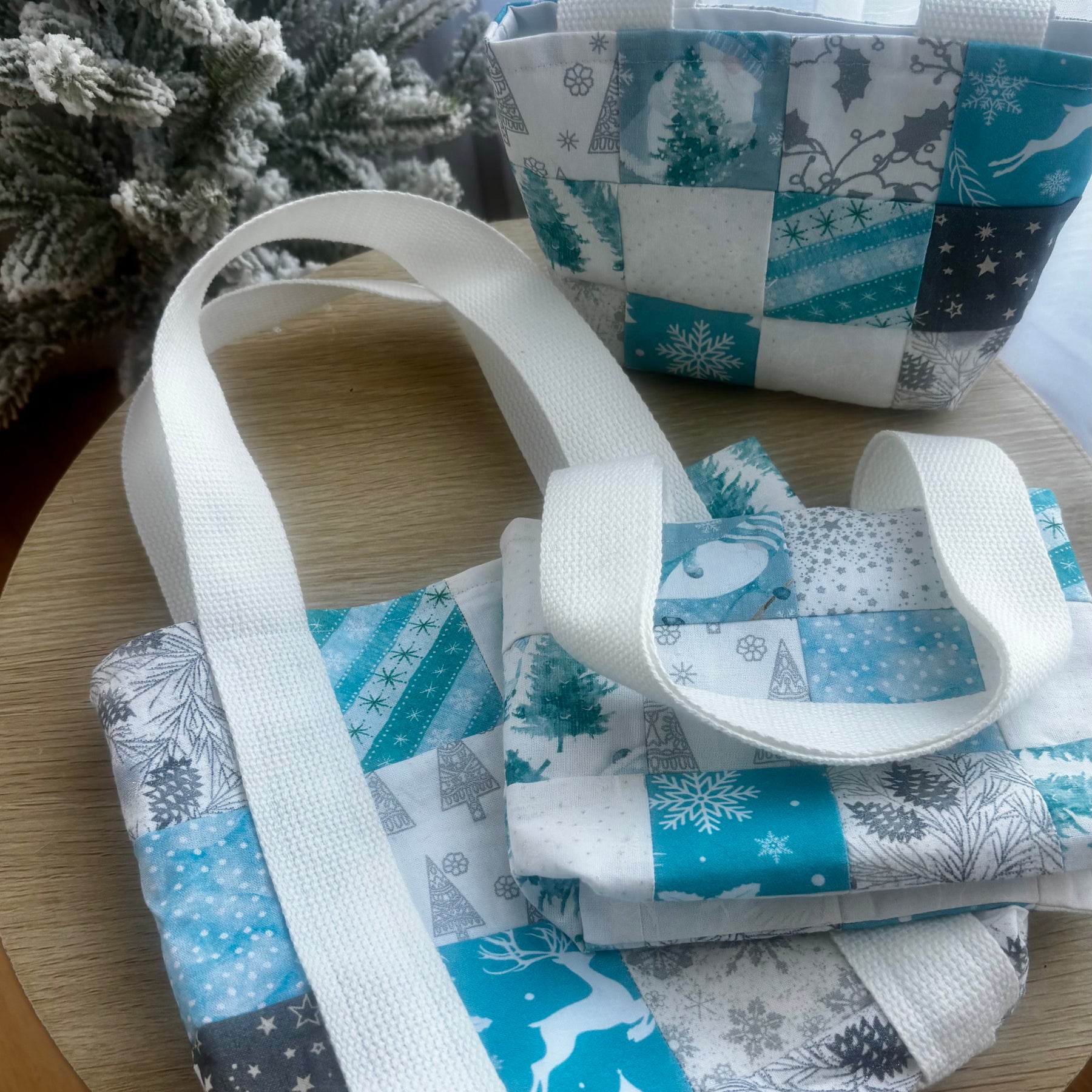Sustainable Handmade Patchwork Gift Bags – Blue & Silver Christmas Edition