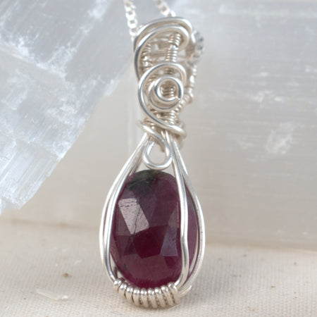 Afterglow - Ruby Wire Wrapped Keepsake Pendant, July Birthstone