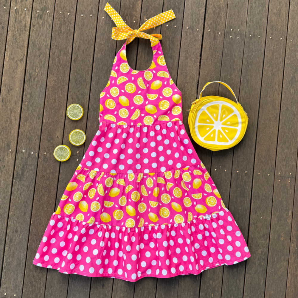 Girls Size 6 Handmade Lemon Print Halter Maxi Dress