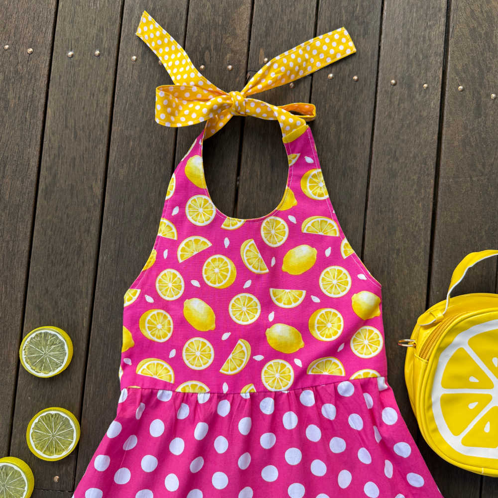 Girls Size 6 Handmade Lemon Print Halter Maxi Dress