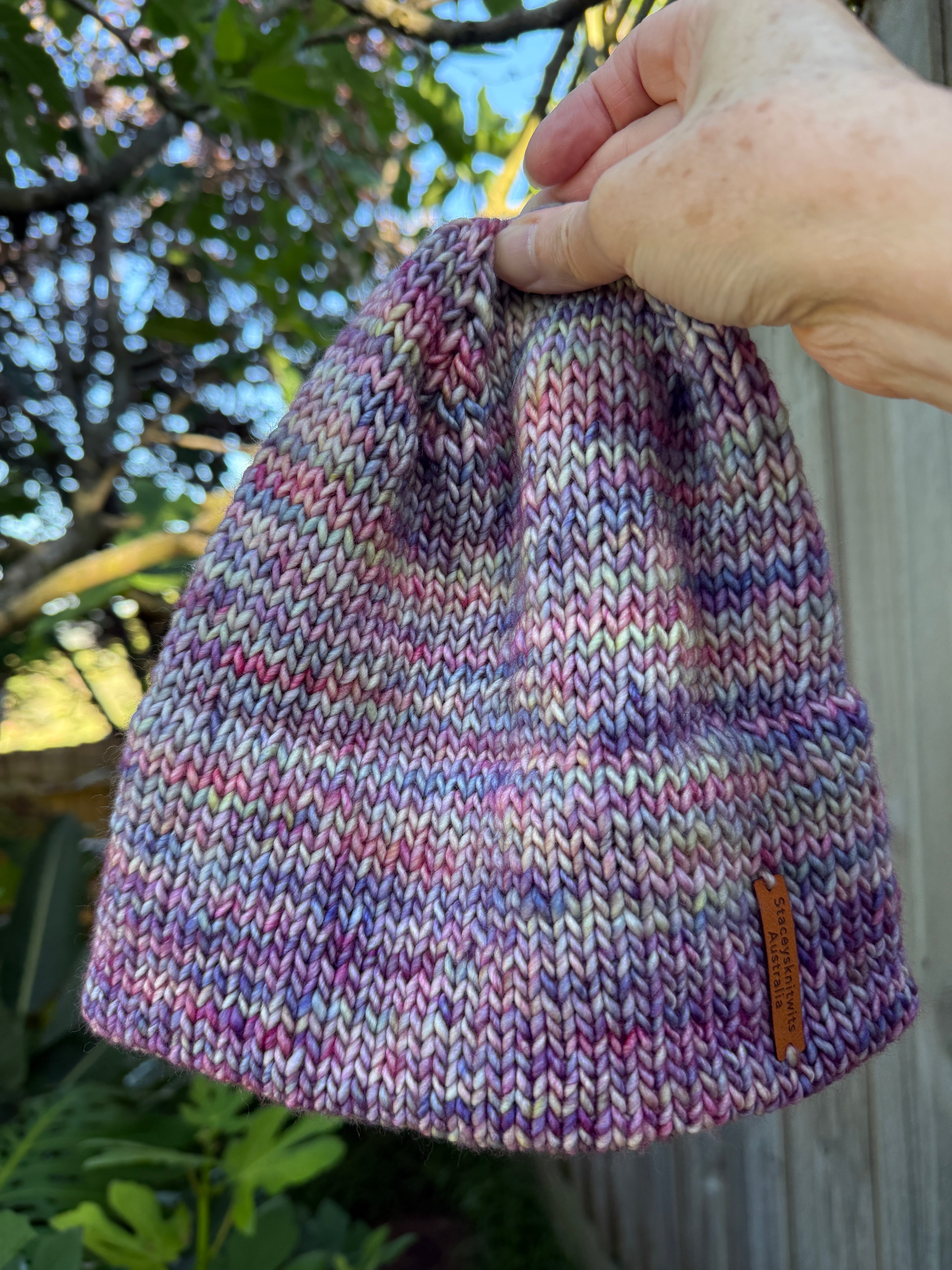 Hand knitted double brim merino beanie, rainbow flecked super warm ladies beanie