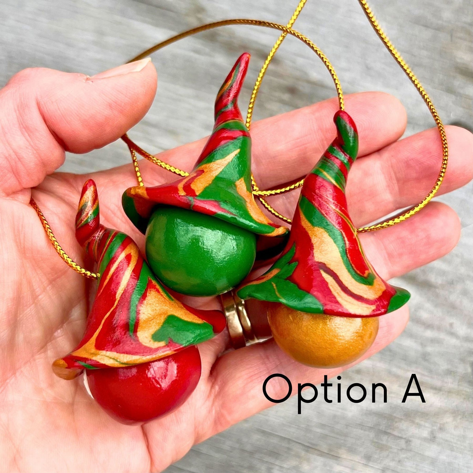 Whimsical Gnome Christmas bauble trio - red, green & gold