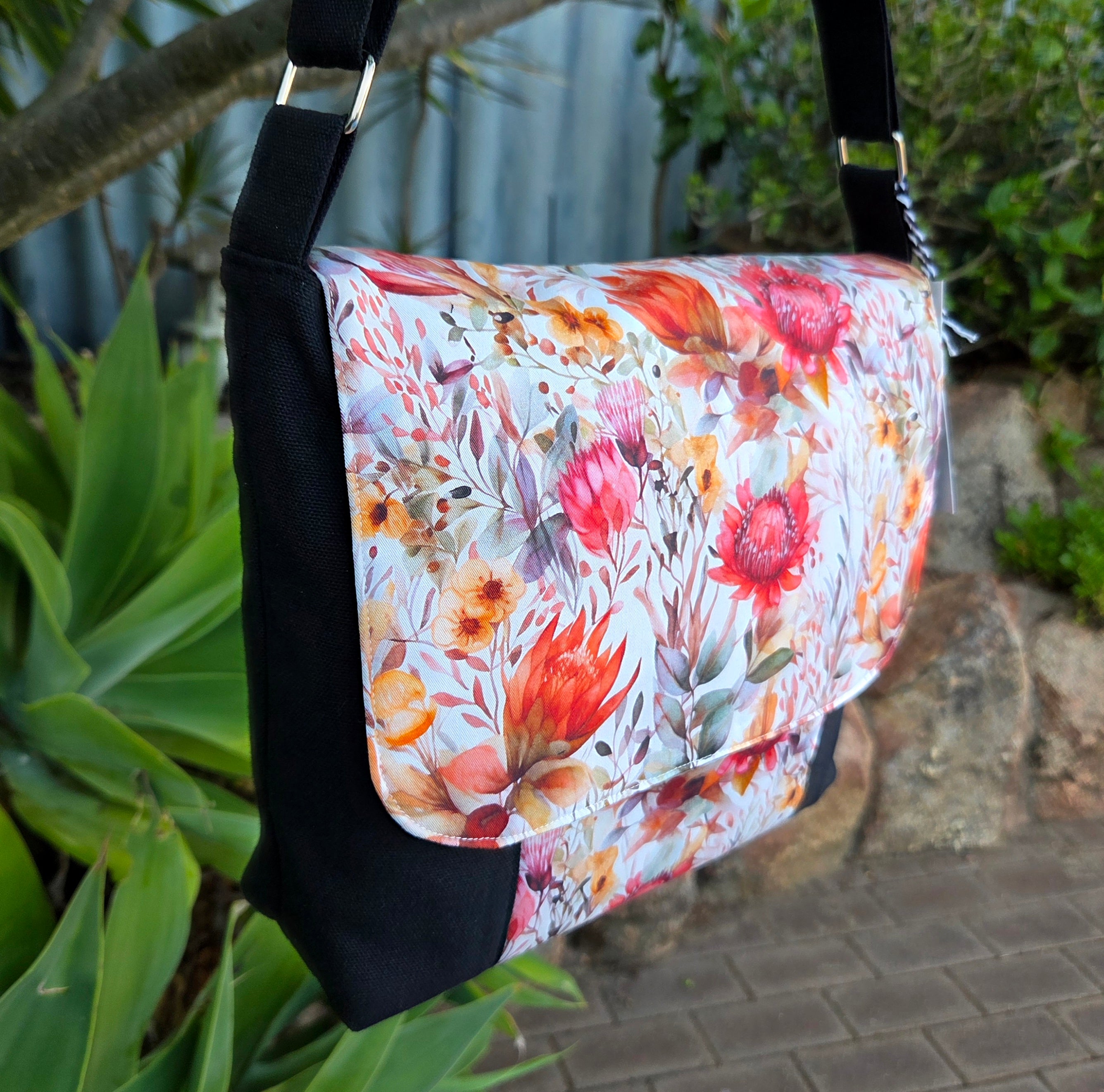 Spacious Cross Body Bag with two pockets in beautiful wildflower fabric