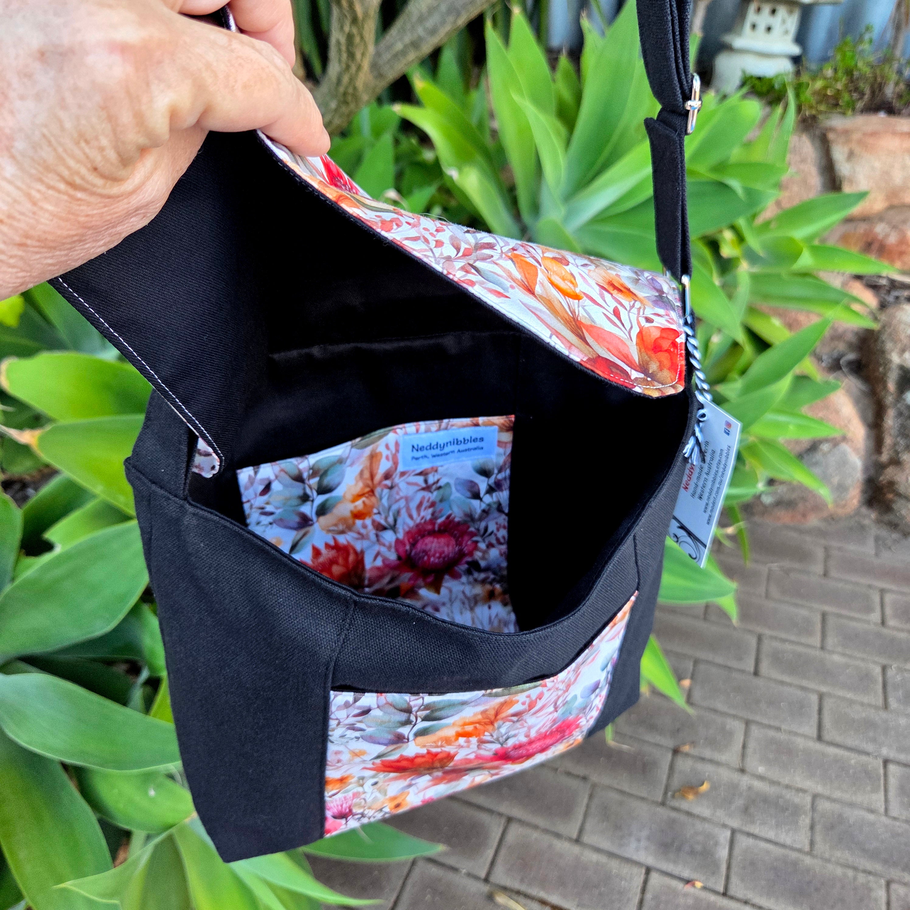 Spacious Cross Body Bag with two pockets in beautiful wildflower fabric