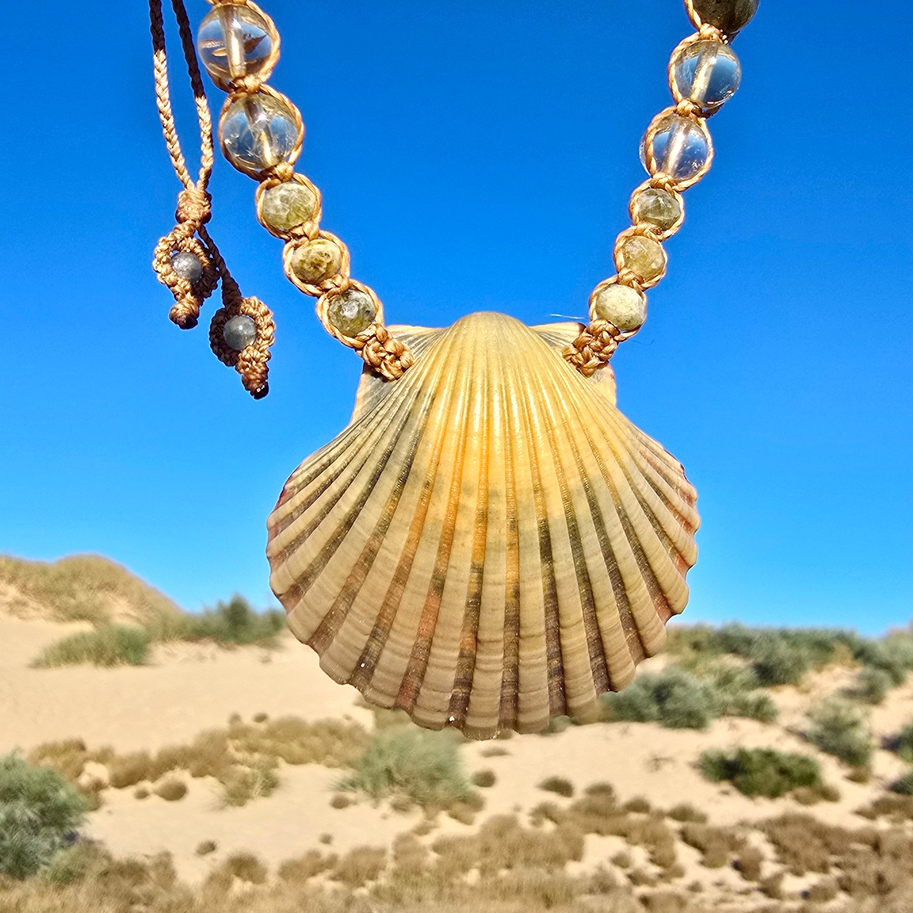 Scallop Shell Necklace with Labradorite and Yellow Opal