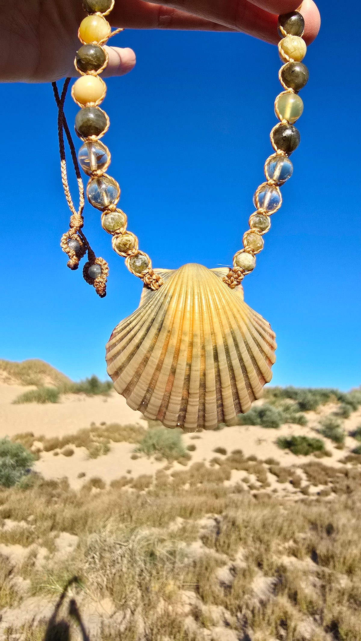 Scallop Shell Necklace with Labradorite and Yellow Opal