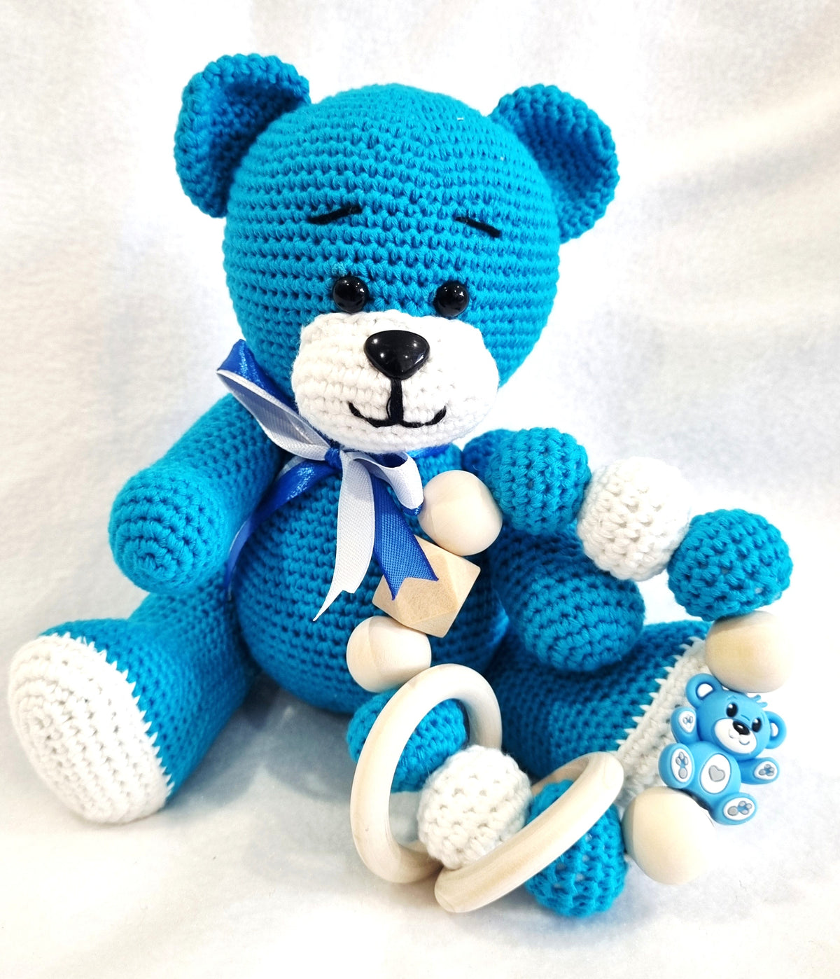 Handmade – Crochet Little Bear with Sensory Ring toy – 3 Colours available - BB10
