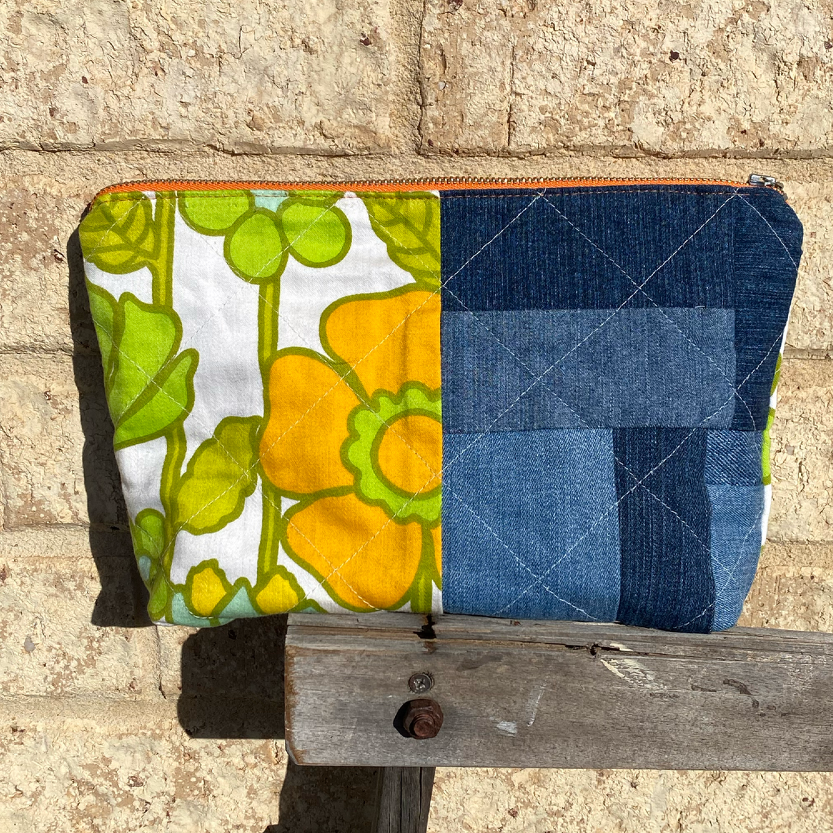 Handmade Pouch Cosmetic Bag Upcycled Vintage Retro - Orange Marigold