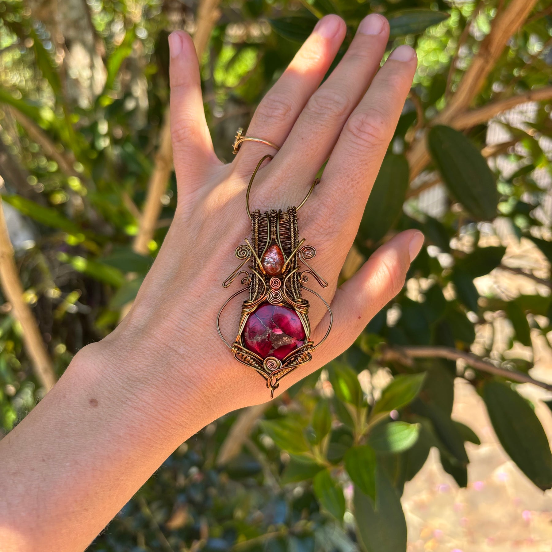 Sunstone Mojave turquoise copper crystal wire wrap pendant