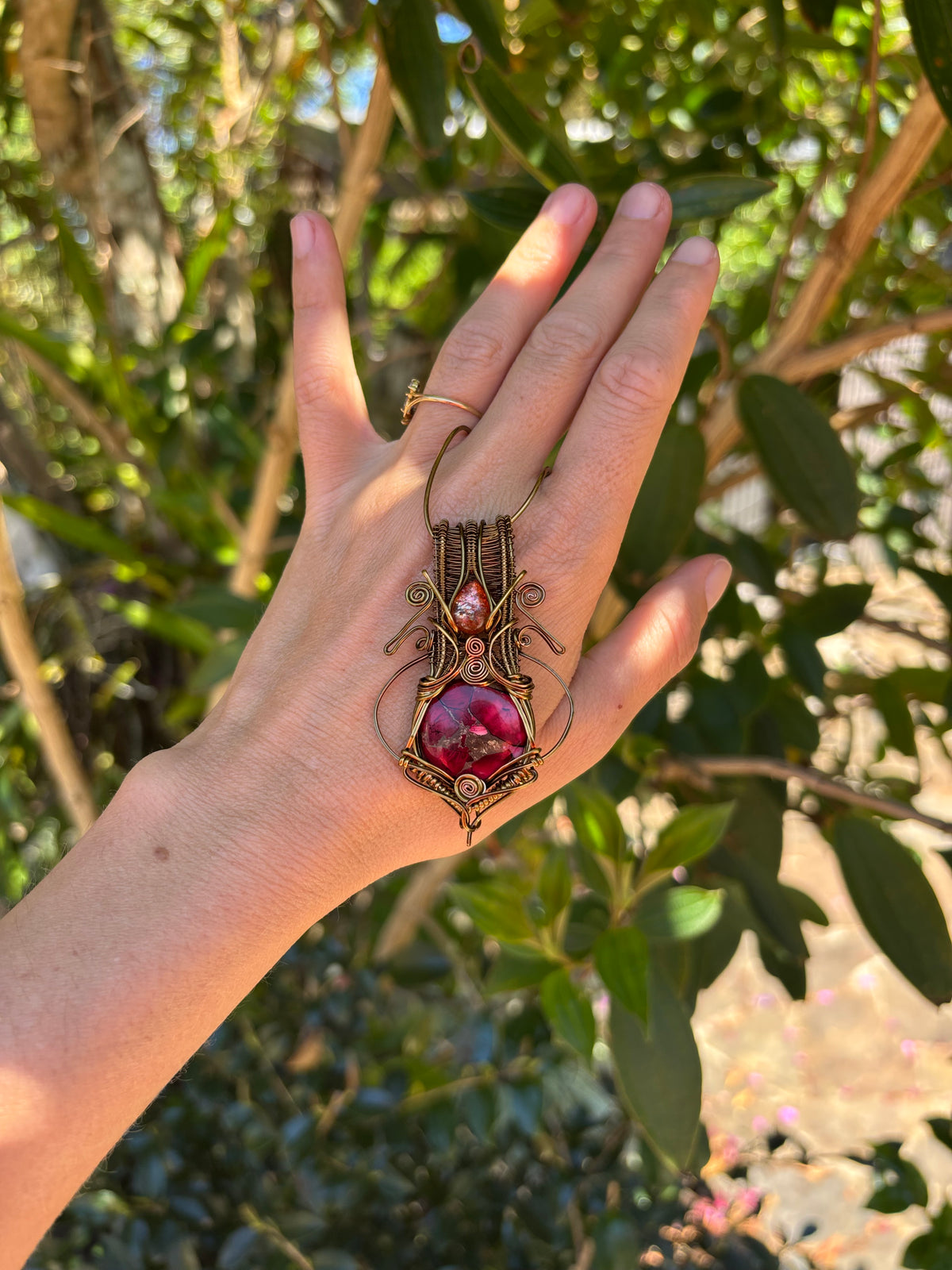 Sunstone Mojave turquoise copper crystal wire wrap pendant