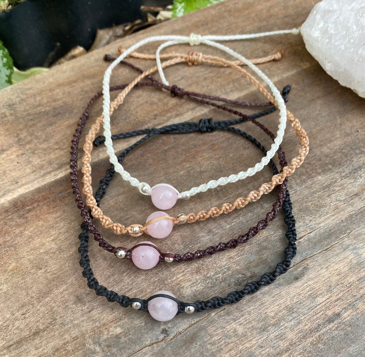 Rose Quartz Beaded Anklet: Macrame Adjustable Waterproof