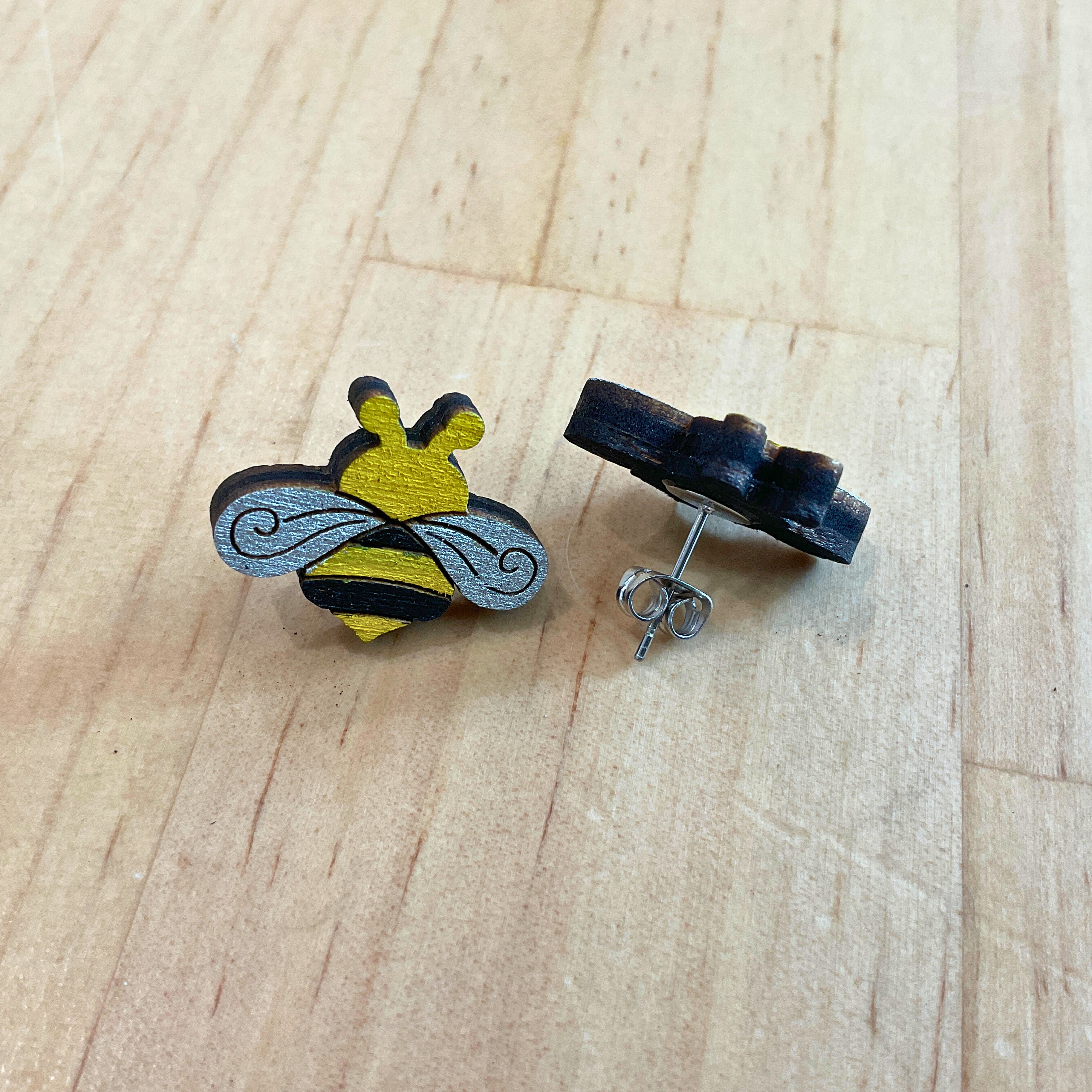 Australian animal earrings - Bee - hand painted, wooden earrings