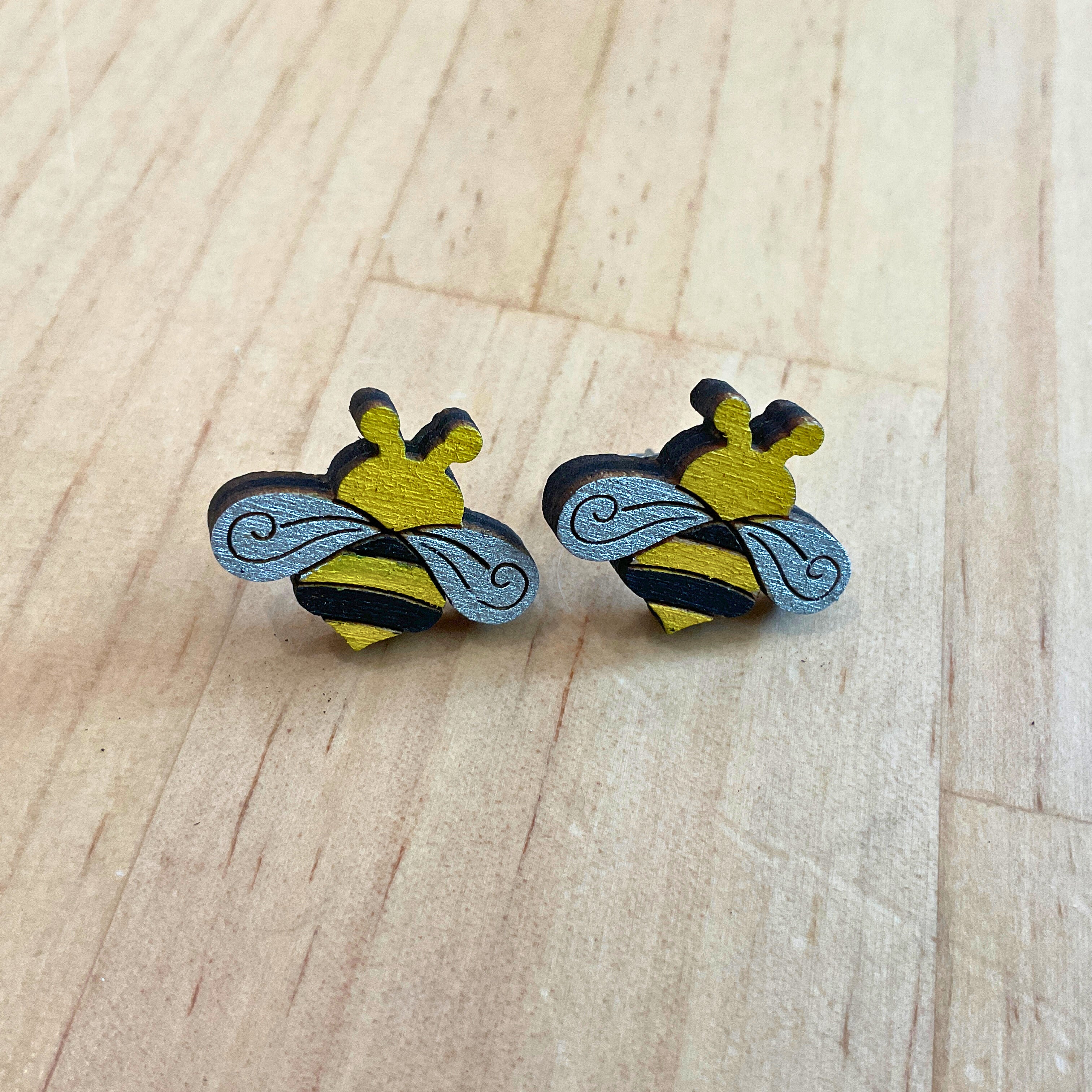 Australian animal earrings - Bee - hand painted, wooden earrings