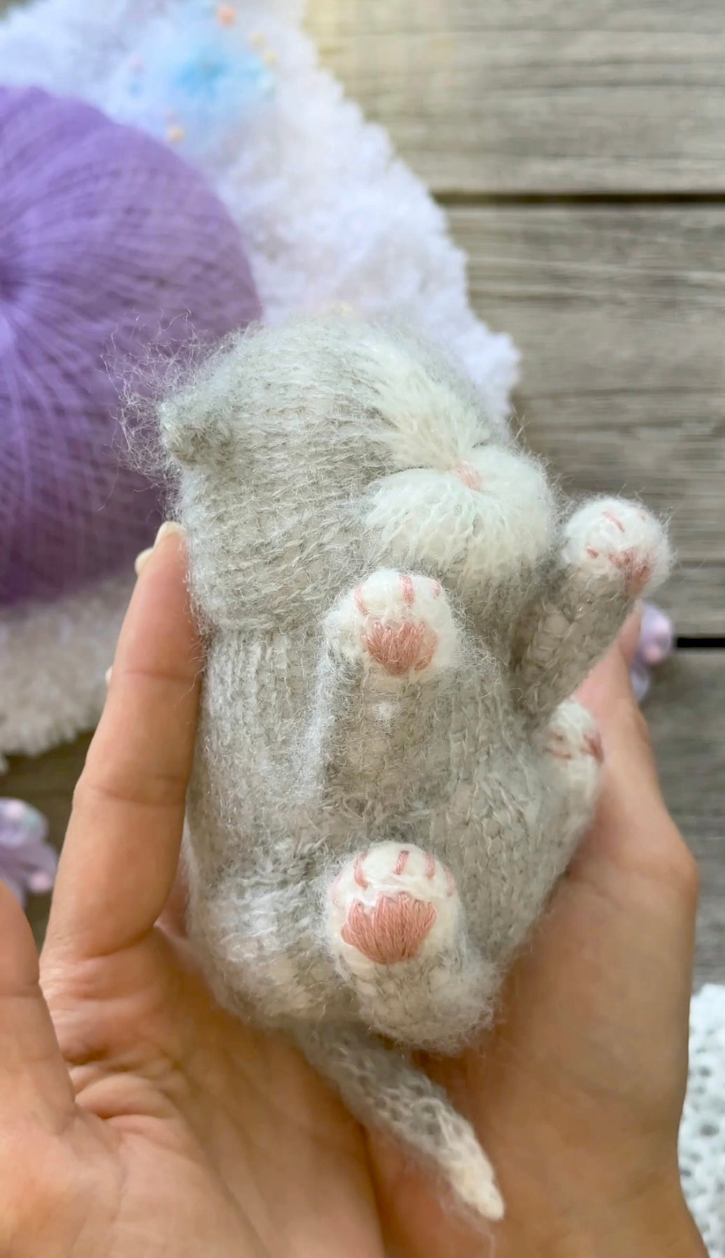 Handmade Grey and White Knitted Sleeping Kitty Toy in The Purple Bunny Hat and Blanket