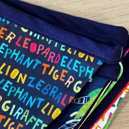 Party Time sustainable 12 flag bunting double sided with blue backing and binding