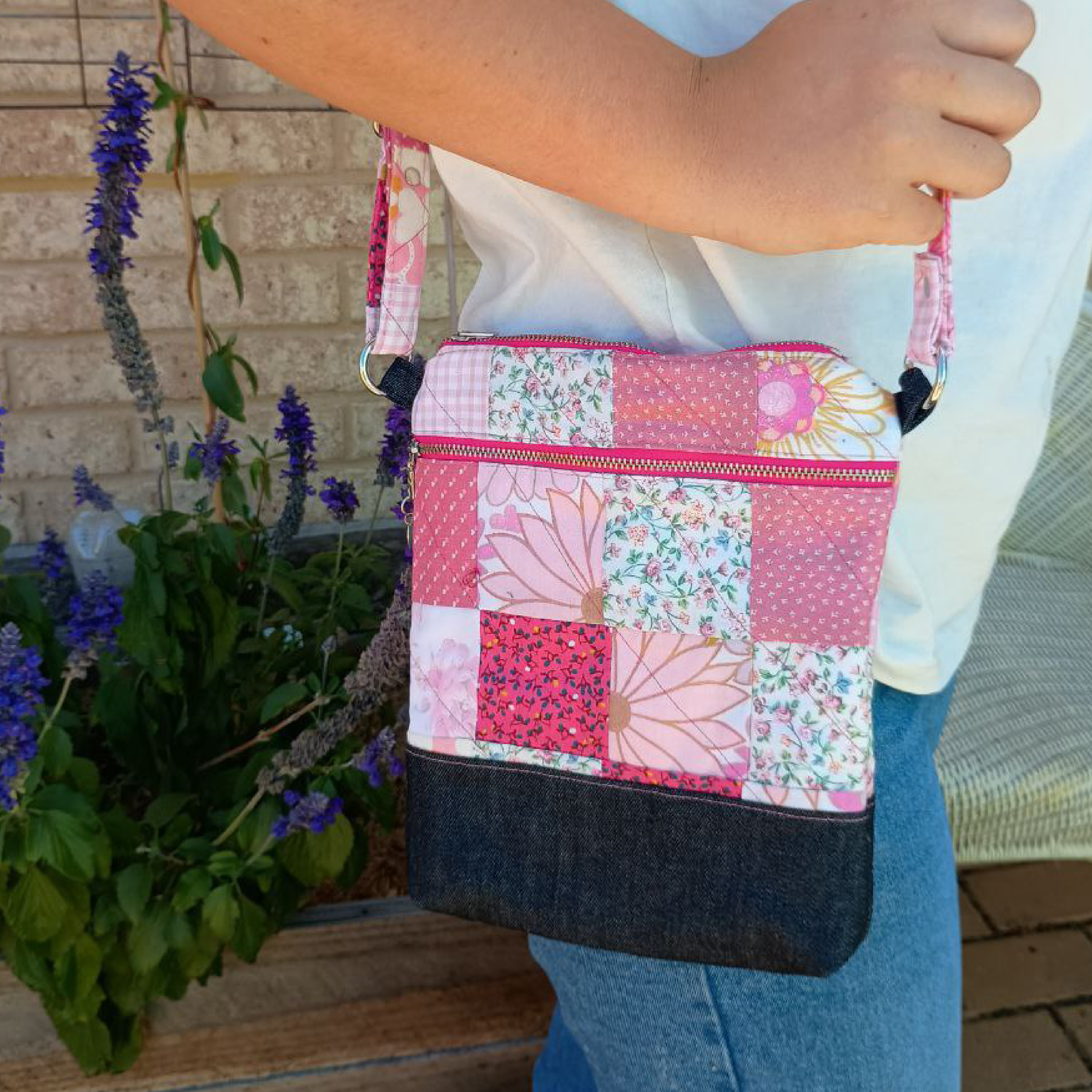 Sweetheart Stitch Handmade Crossbody Bag Upcycled Vintage Fabrics & Denim