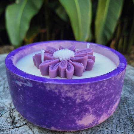 Round purple concrete bowl candle with rose soy wax daisy