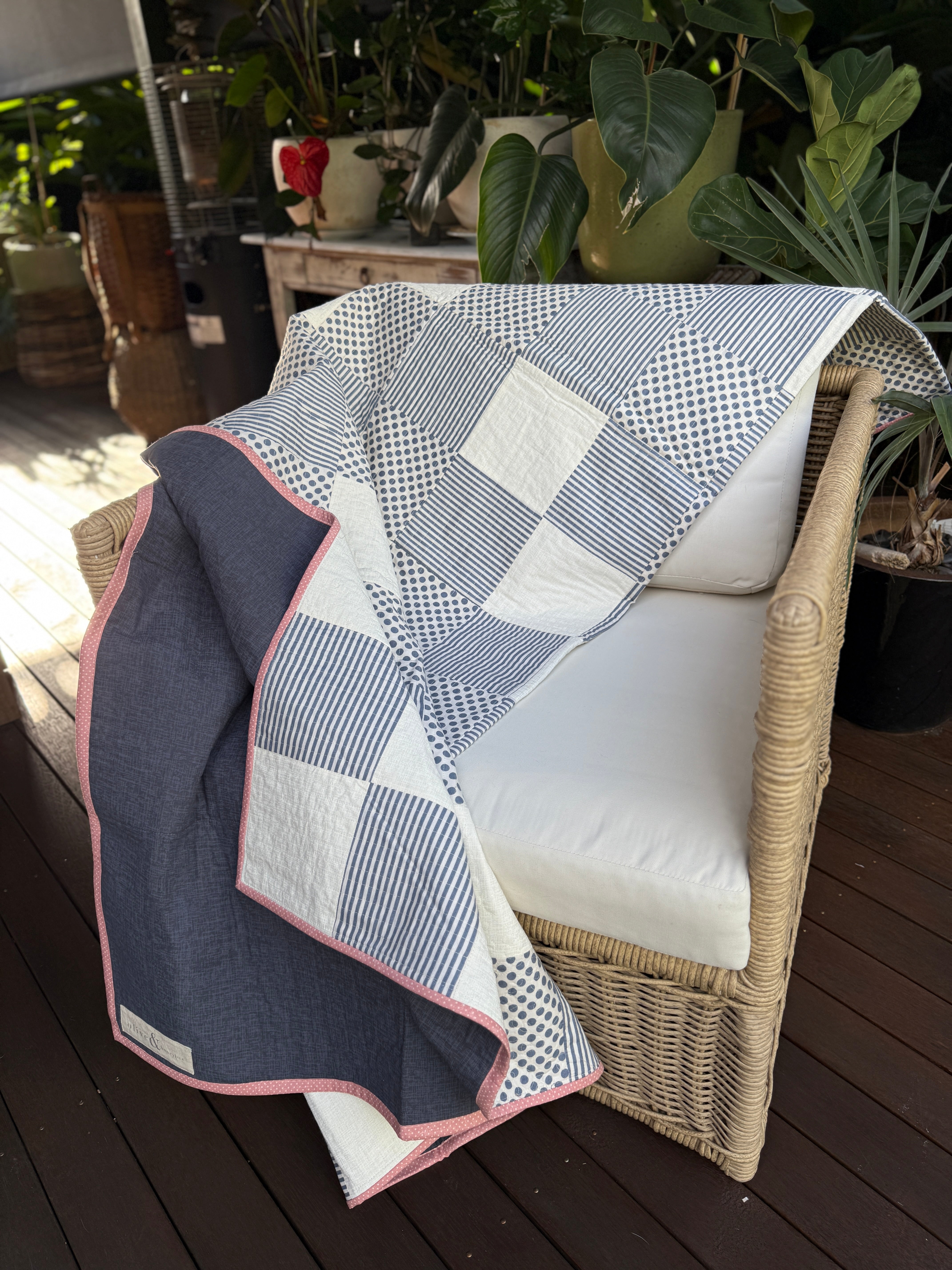 Coastal Harbour Lights Quilt: Blue & Cream Polka Dot Stripes
