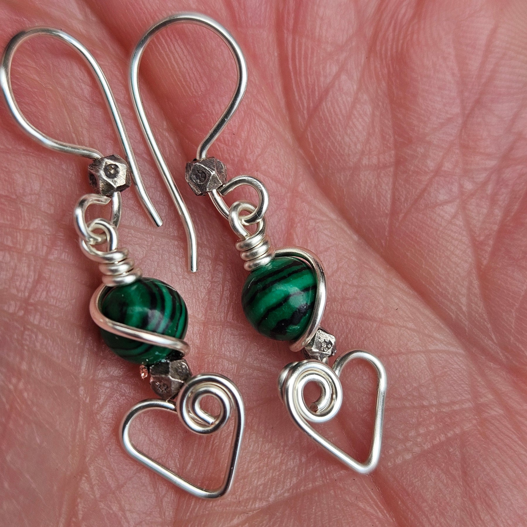 💚 Malachite & Thai Silver Heart Earrings