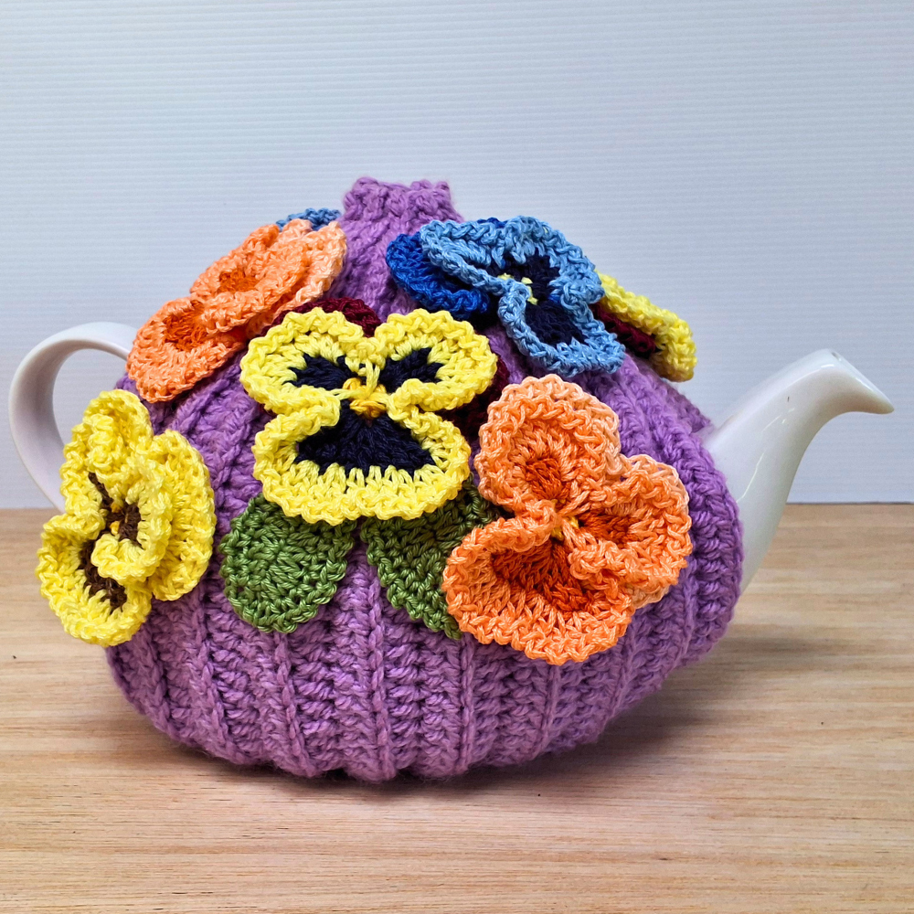 Pansies on mauve tea cosy for medium teapot