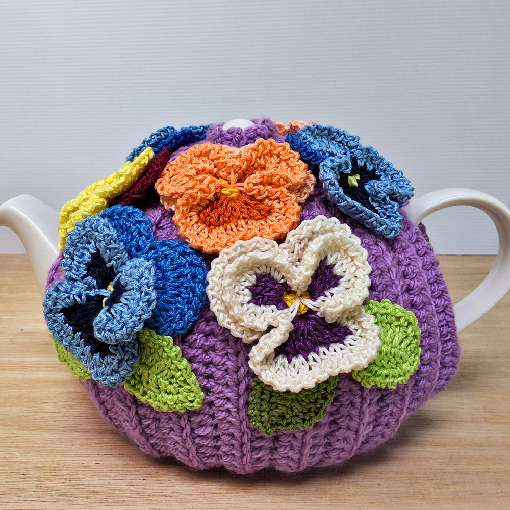 Pansies on mauve tea cosy for medium teapot