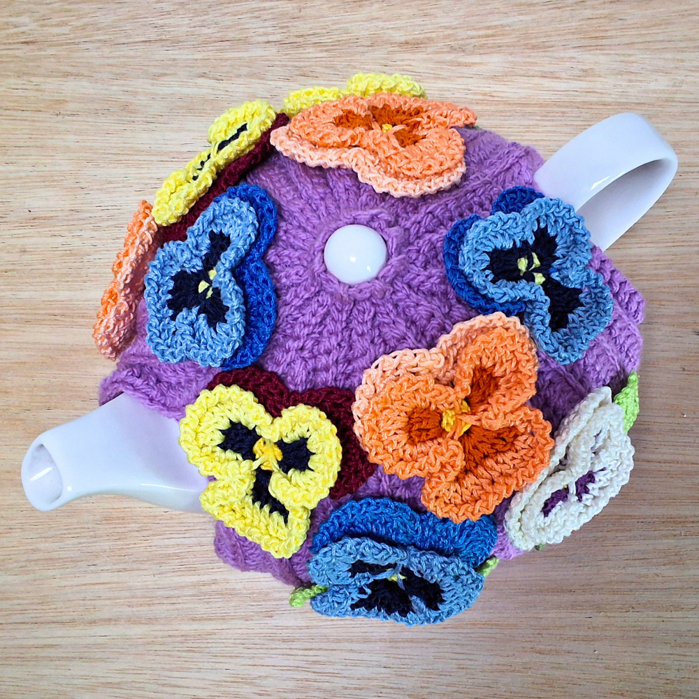 Pansies on mauve tea cosy for medium teapot
