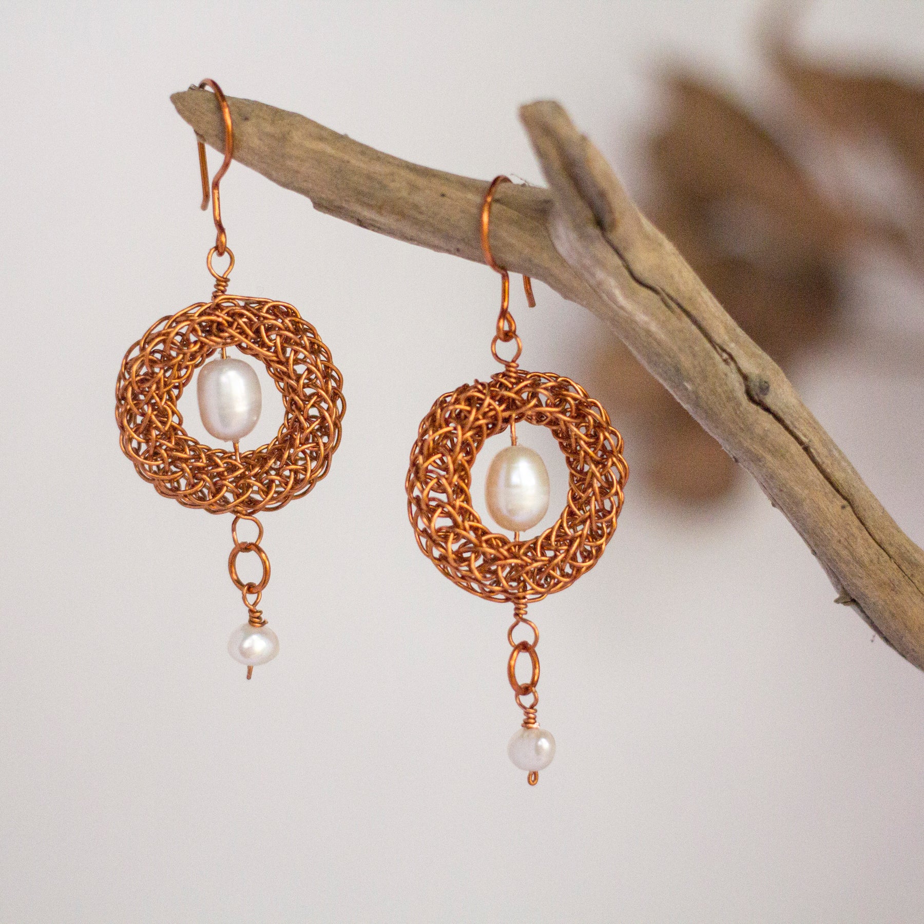 Copper Viking Wire Knit Earrings with Freshwater Pearls