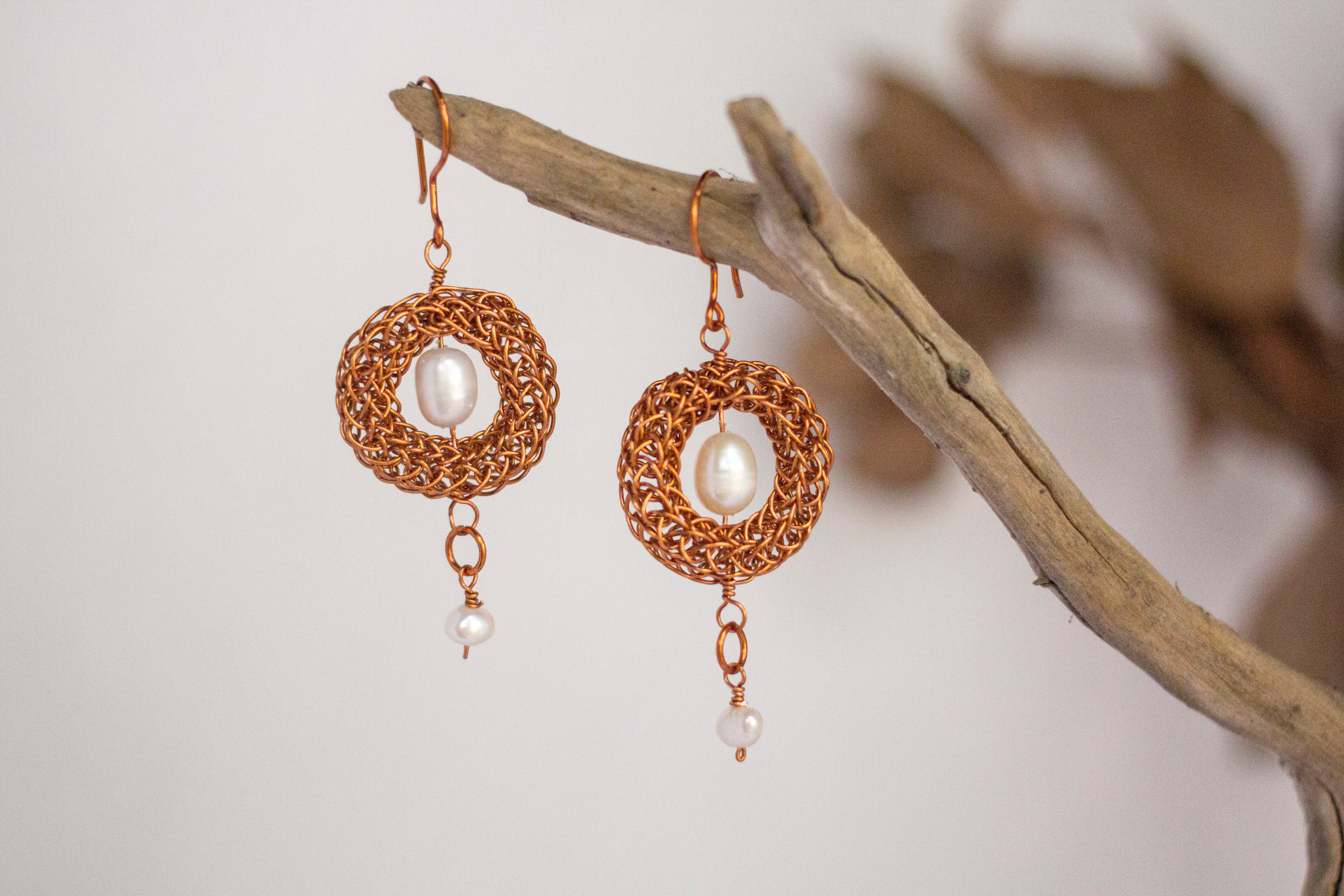 Copper Viking Wire Knit Earrings with Freshwater Pearls
