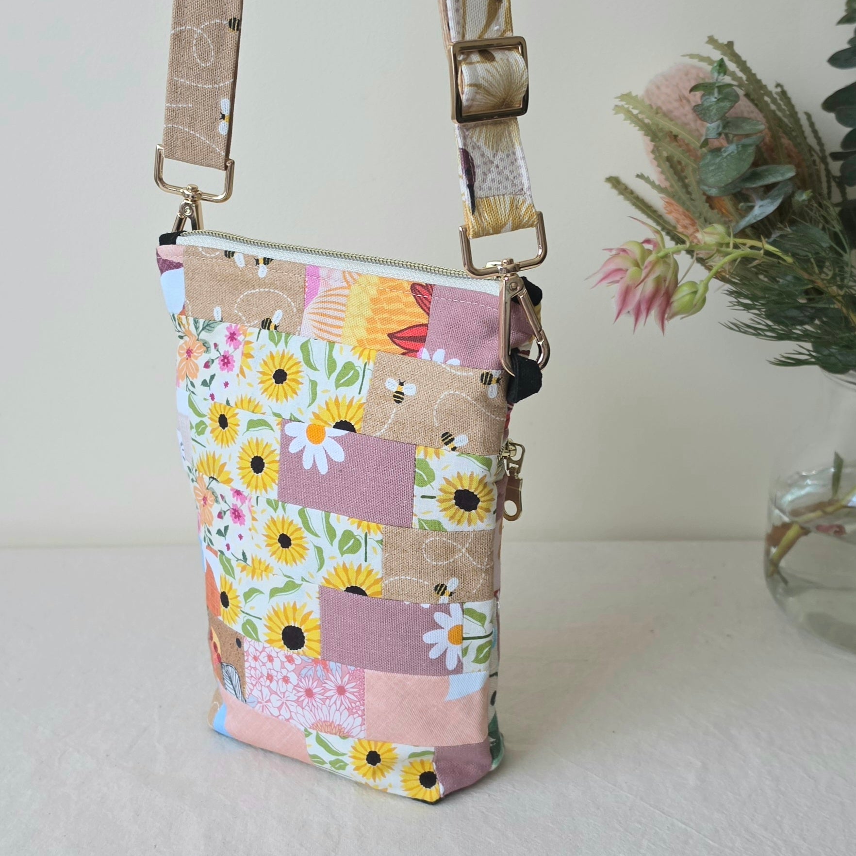 Repurposed Remnant Fabric Crossbody Bag "Sweet Gum"