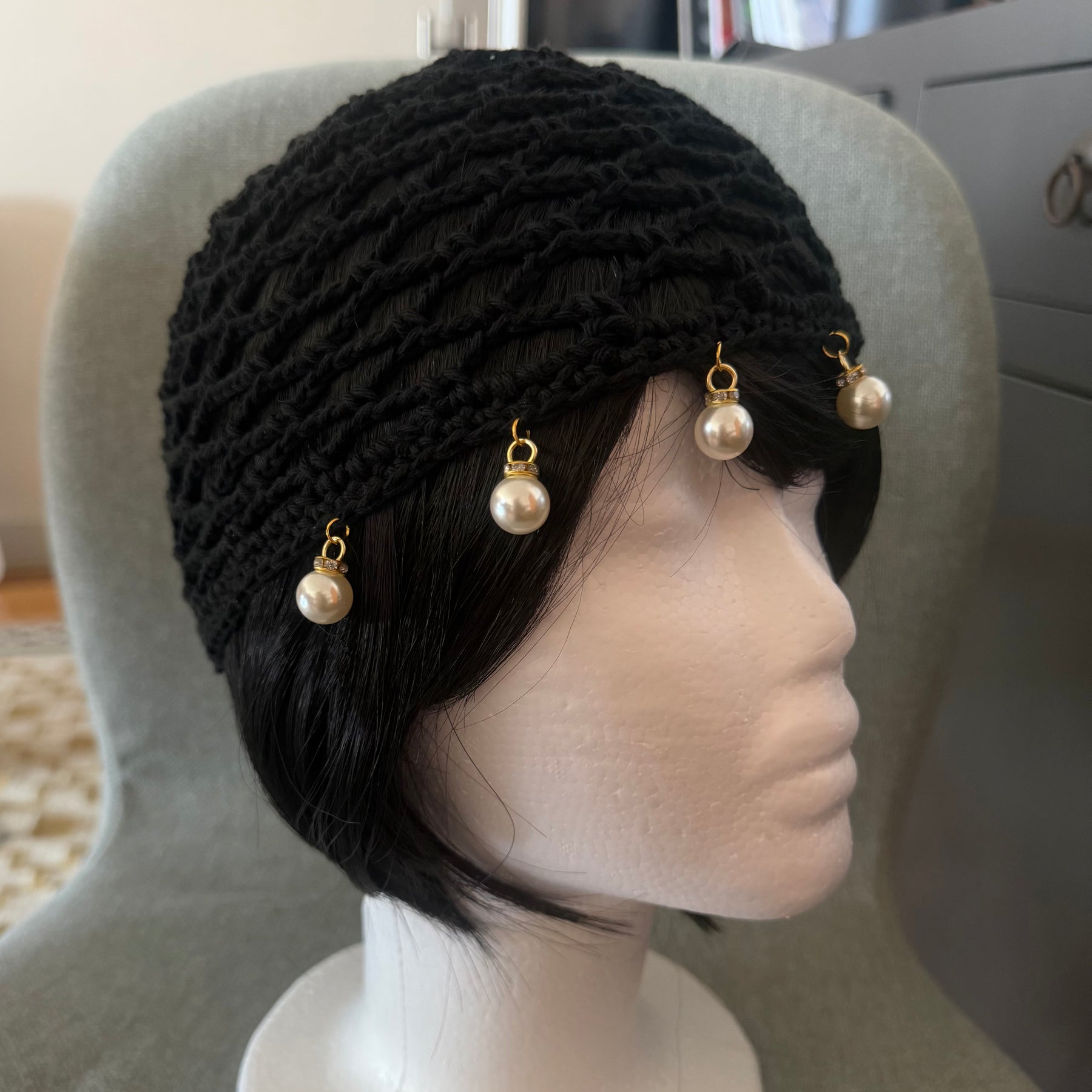 Black Cotton Crochet Hat with Pearl Charms