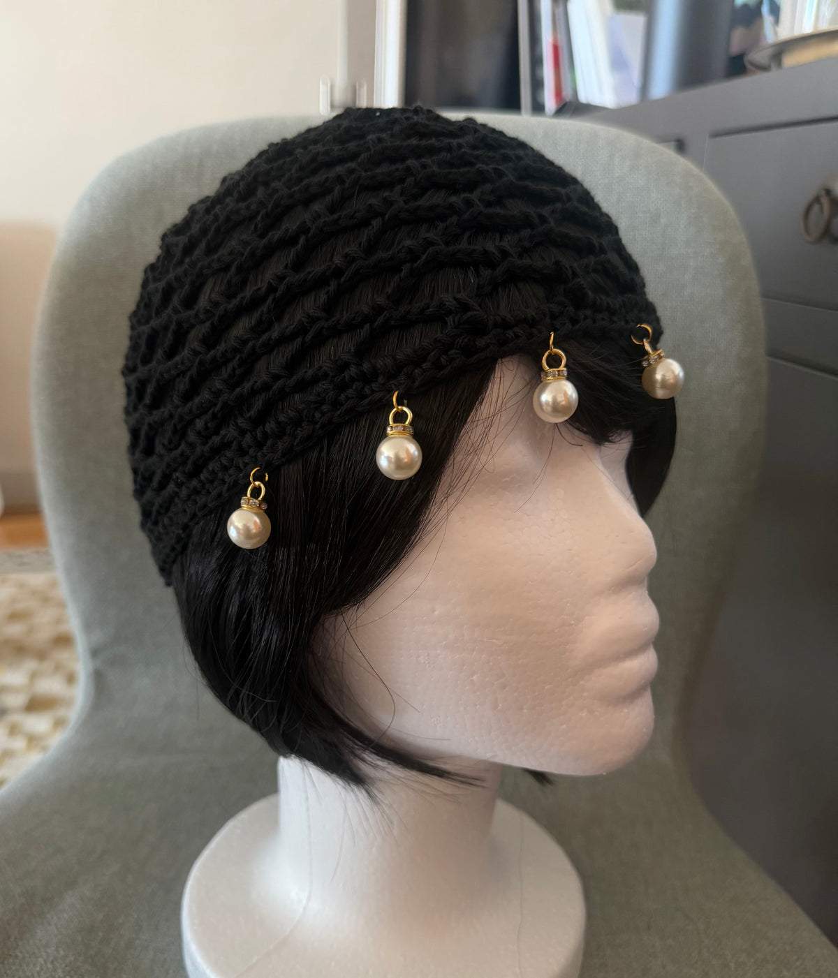Black Cotton Crochet Hat with Pearl Charms