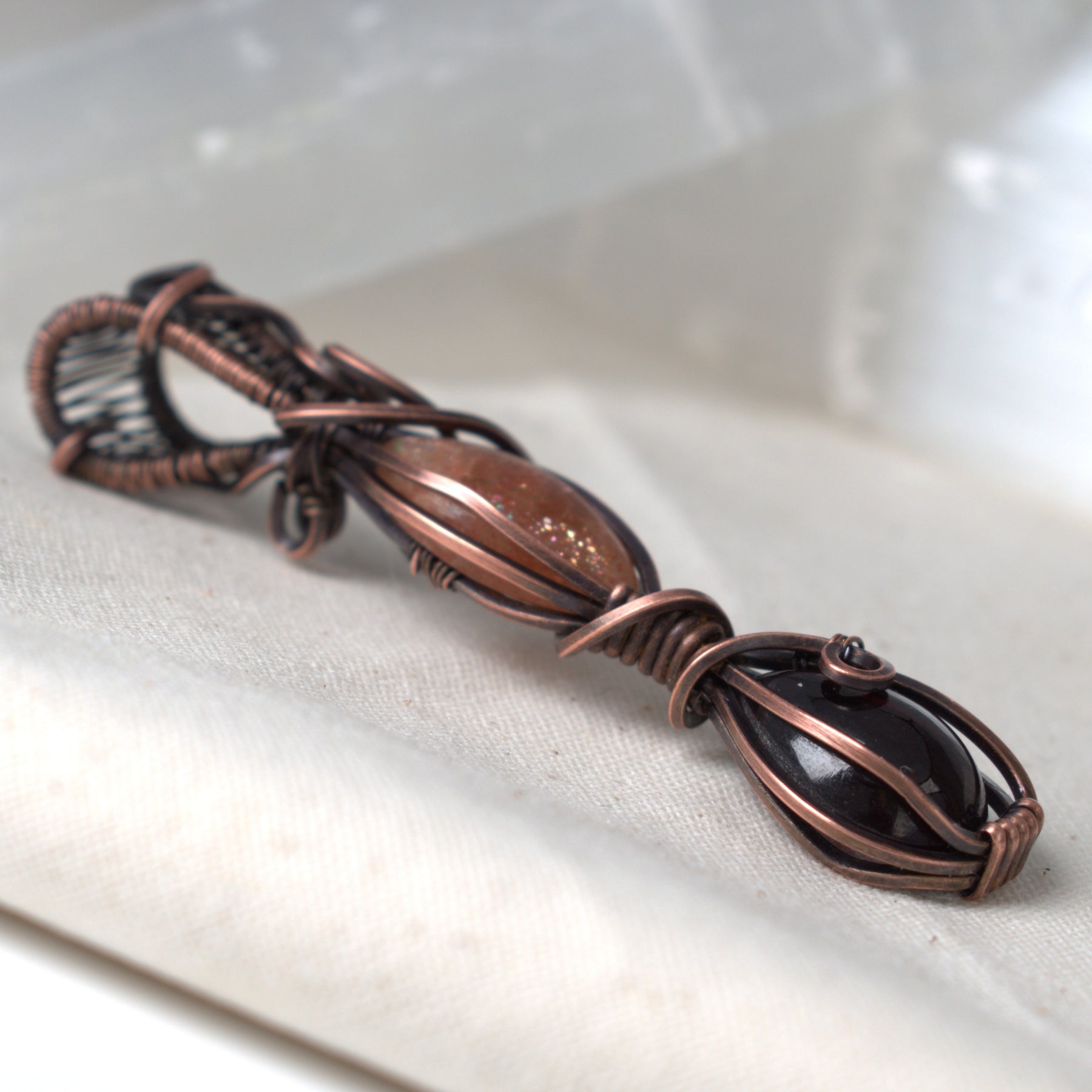 Autumn Flame Garnet and Sunstone Copper Wrapped Pendant